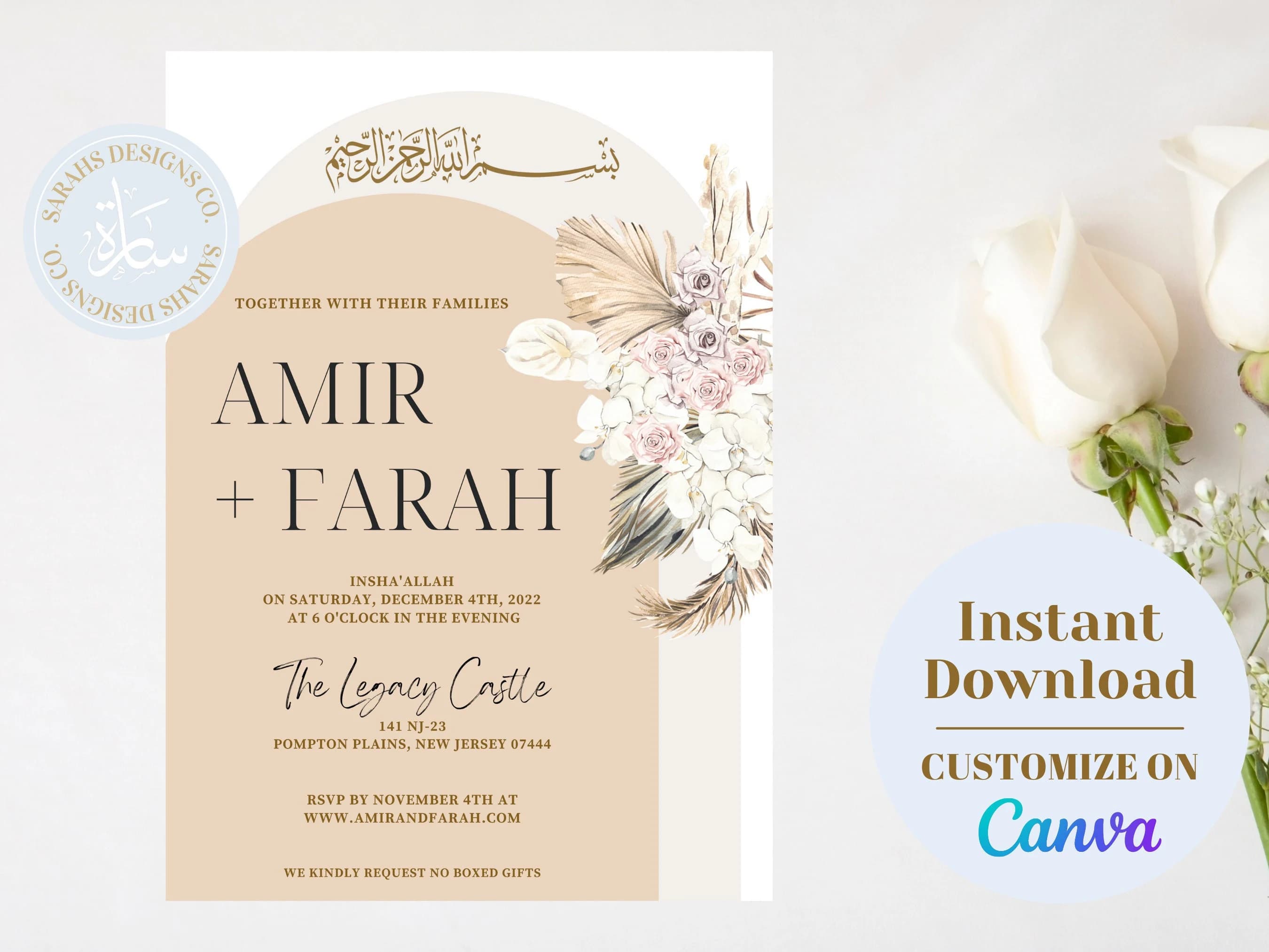 Boho Muslim Wedding Invitation | Digital Download | Easy to Edit | Canva Template | Valima | Islamic Wedding Invitation | DIY | 5" x7"