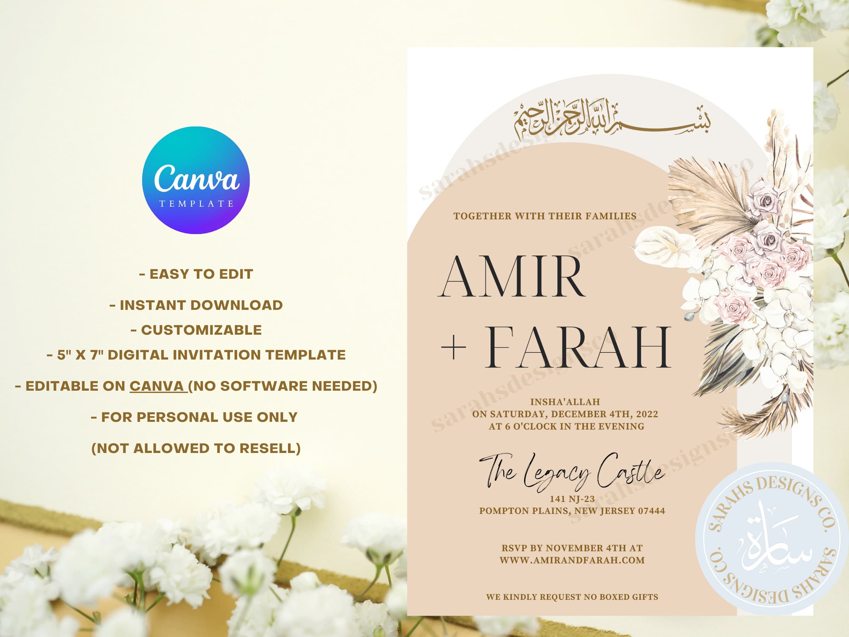 Boho Muslim Wedding Invitation | Digital Download | Easy to Edit | Canva Template | Valima | Islamic Wedding Invitation | DIY | 5" x7" - image 3