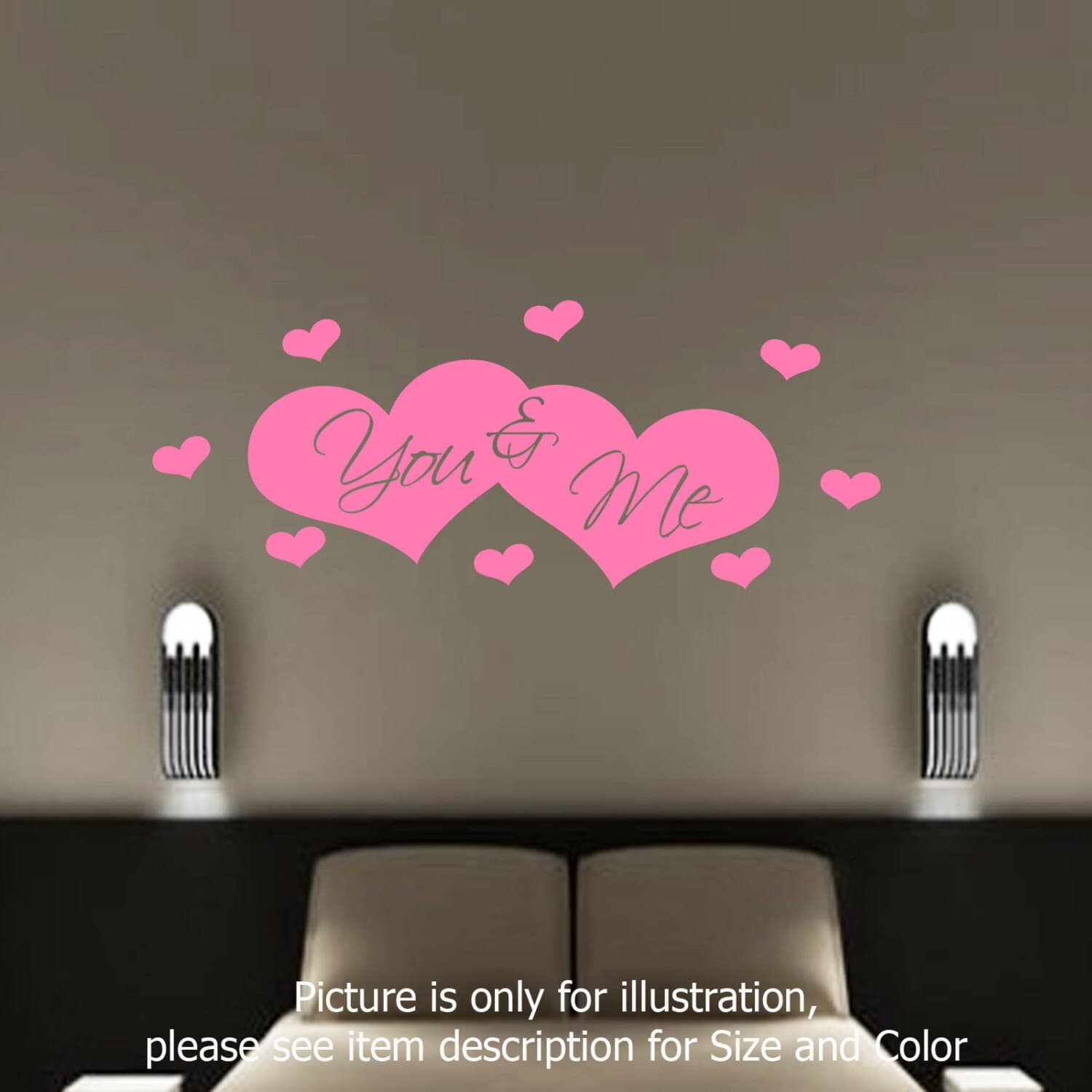 You and Me love heart shape Bedroom Wall vinyl stickers romantic Quote decals - image 4