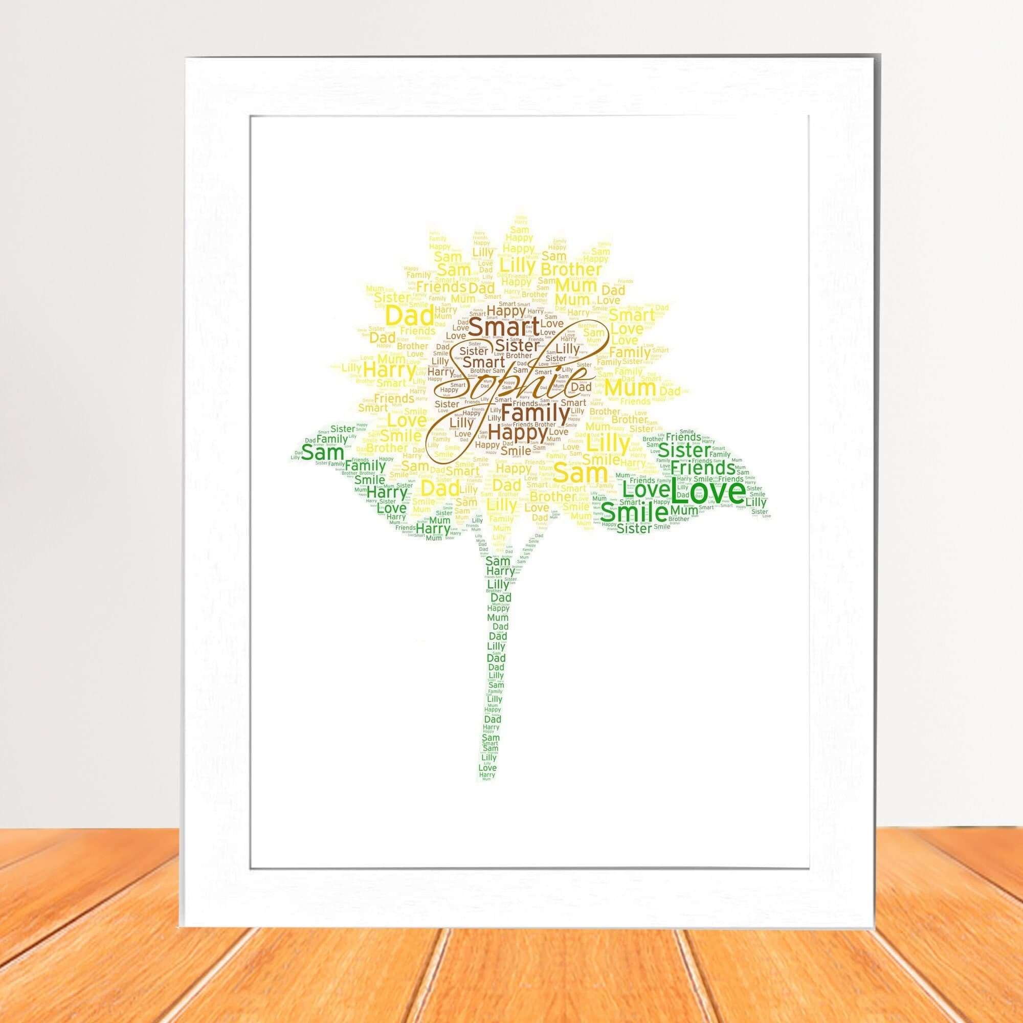 Personalised Sunflower Word Art - Bespoke Floral Typography Print, Custom Petal Gift, Yellow Botanical Poster