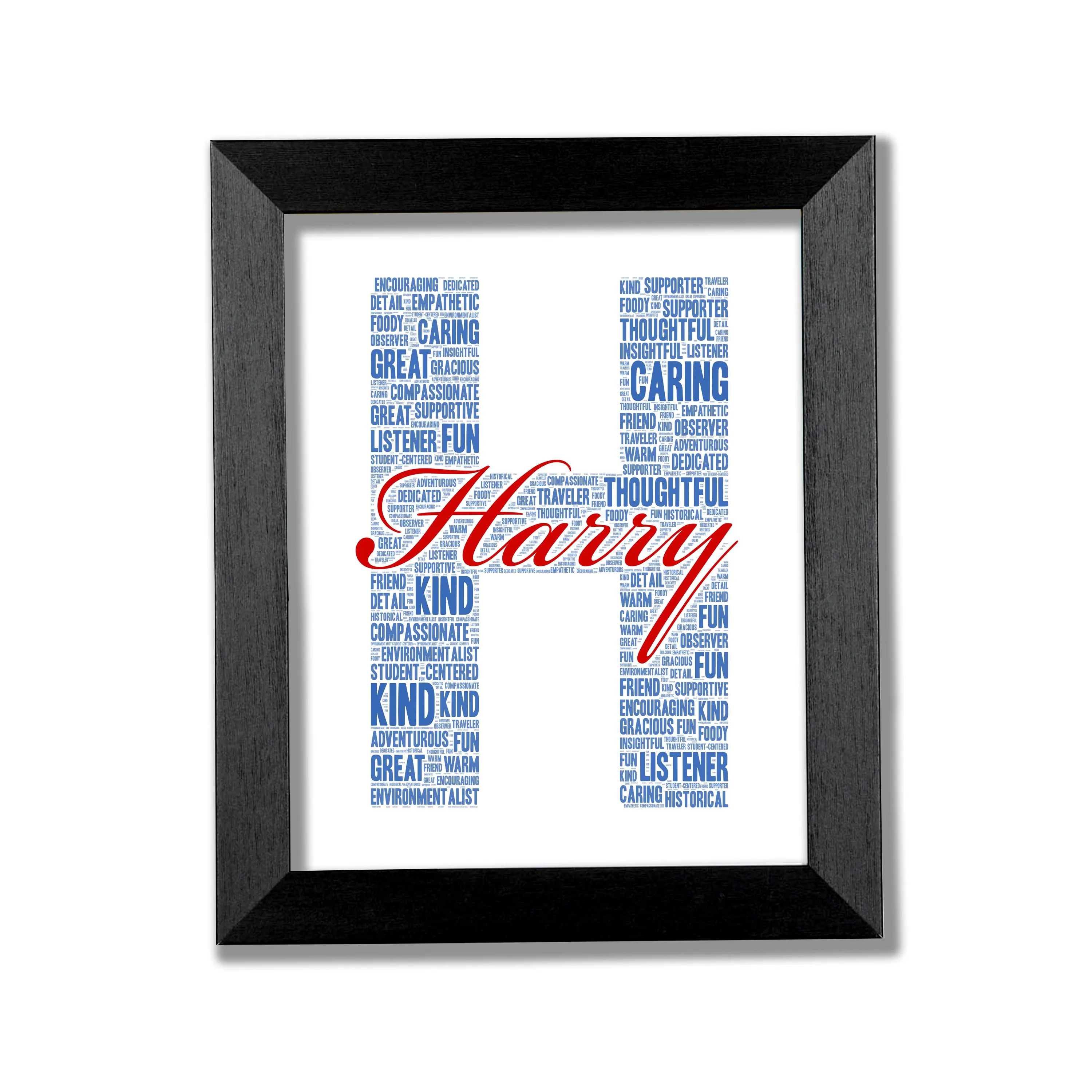 Personalised name initial word art print with custom words shaped into a large letter — a unique birthday or Christmas gift for girls and boys, available framed or unframed in A5, A4, and A3.
