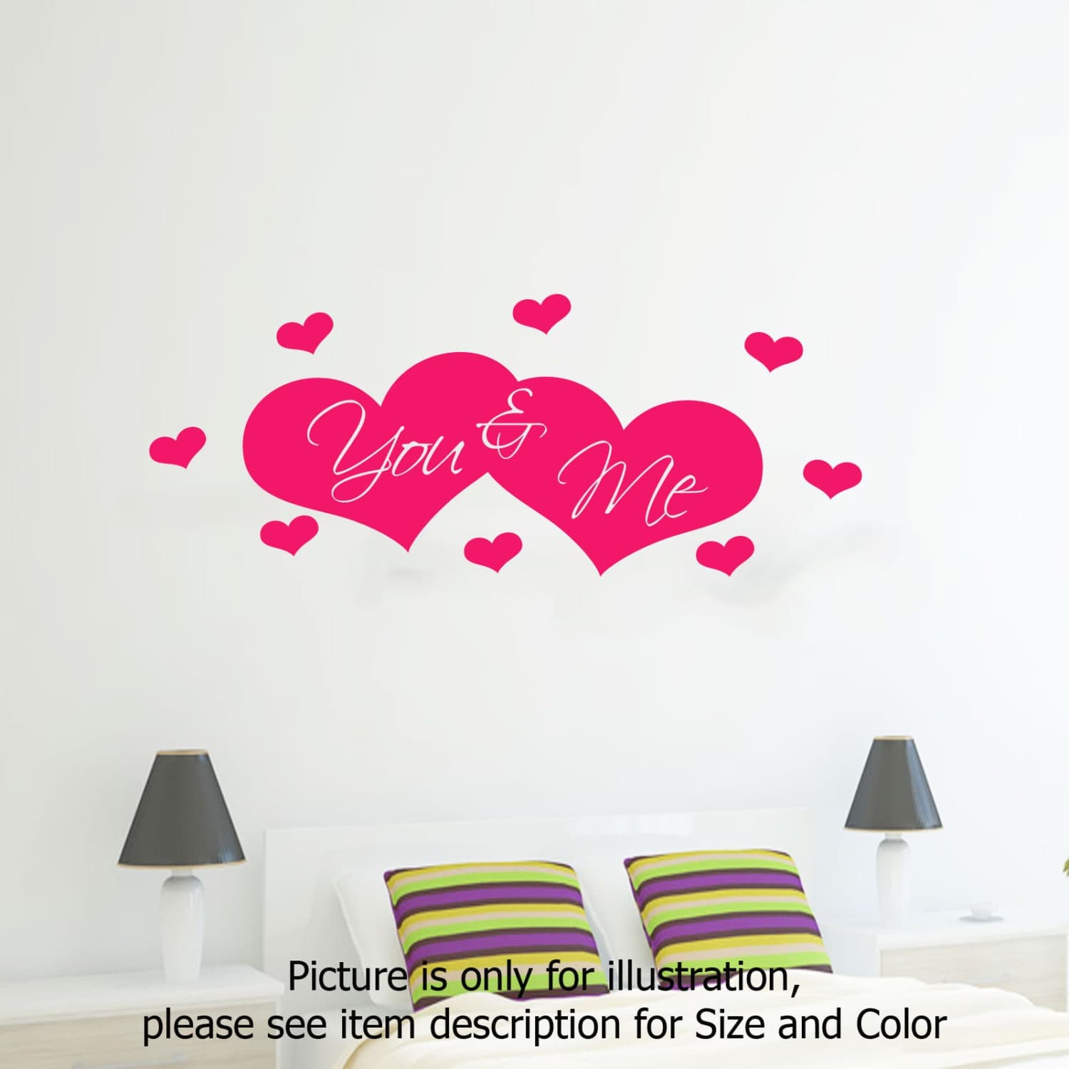 You and Me love heart shape Bedroom Wall vinyl stickers romantic Quote decals