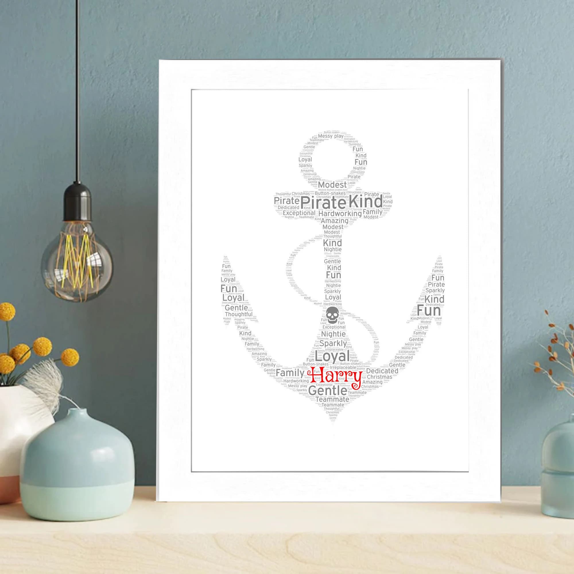 Personalised ship anchor silhouette wall art created from custom words and names, displayed in a textured oak frame, perfect for nautical-themed bathroom or office decor