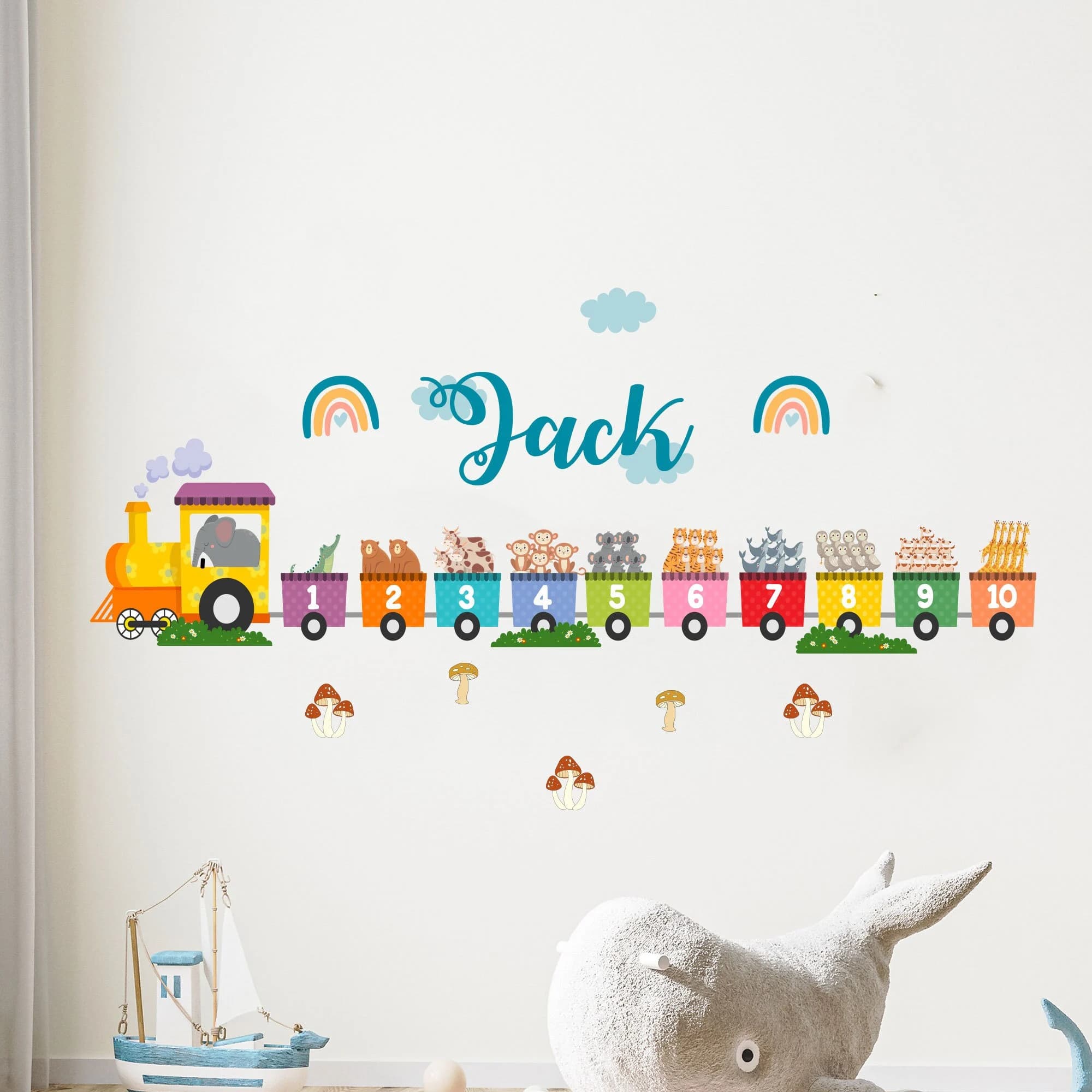 Personalised Name Train Wall Decal, Custom Number Animal Sticker, Kids Nursery Decor