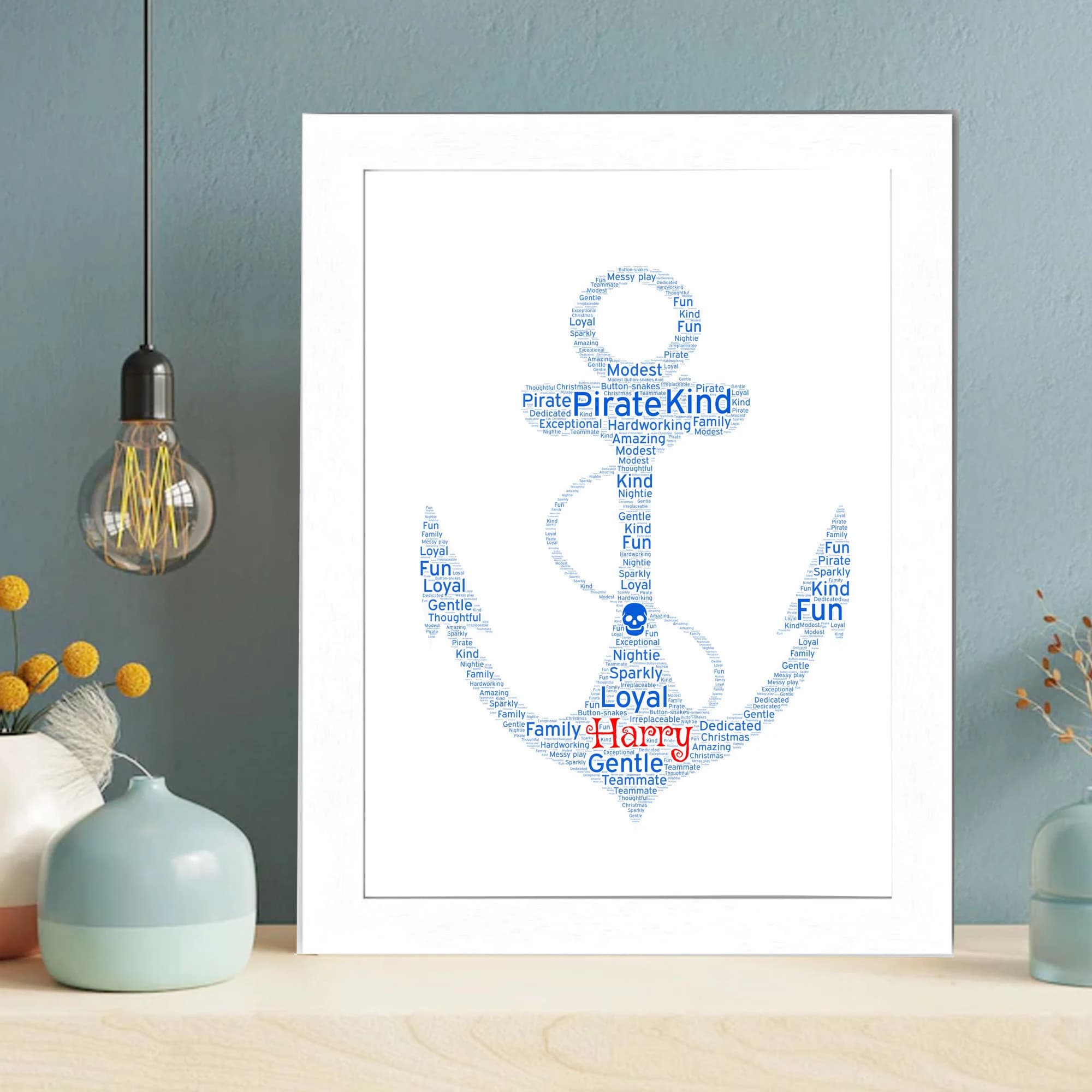 Personalised ship anchor silhouette wall art created from custom words and names, displayed in a textured oak frame, perfect for nautical-themed bathroom or office decor