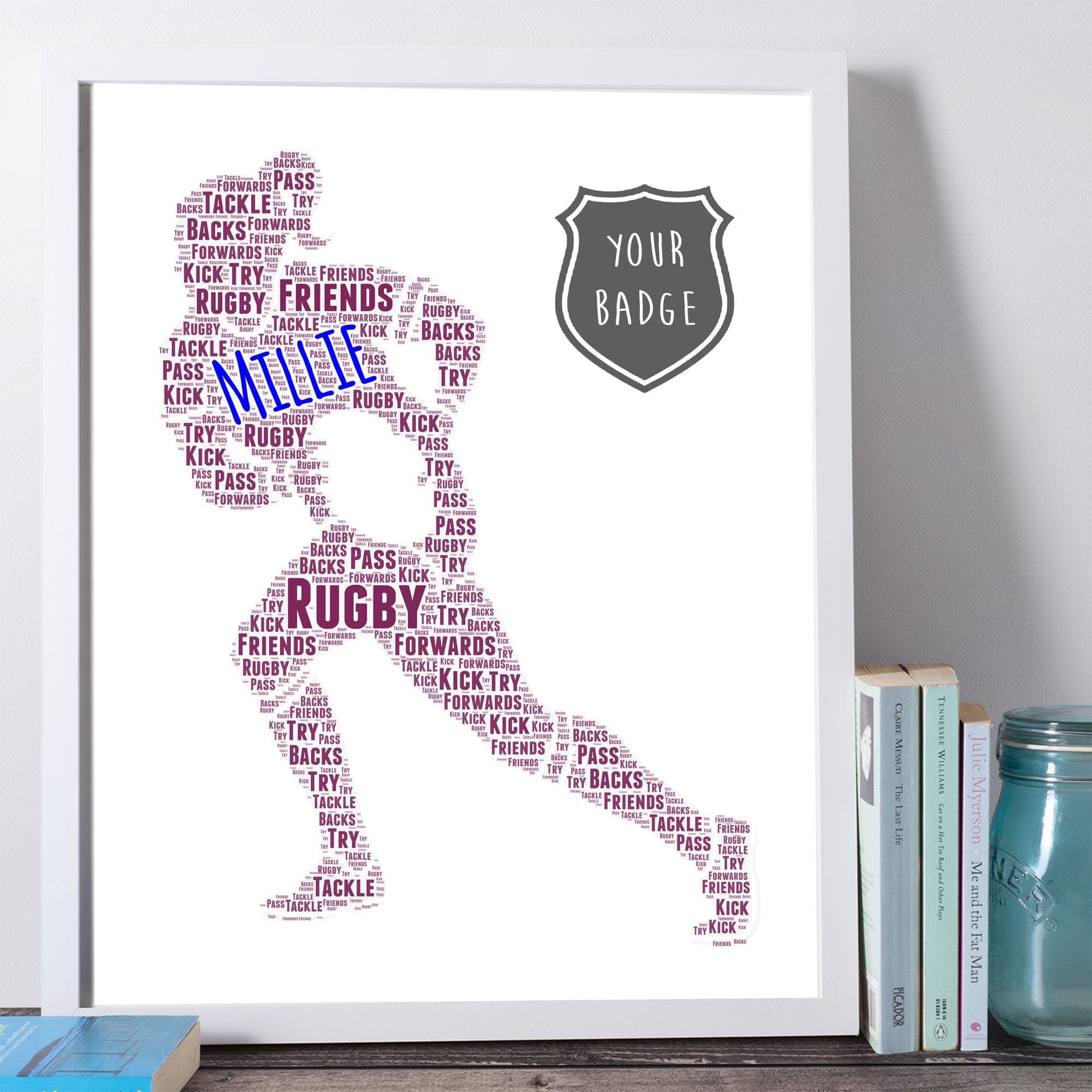 A custom word art print featuring a silhouette of a female rugby player in action, running with a rugby ball. The figure is filled with colourful personalised typography, including names and rugby-themed words. The artwork is presented in high-quality wooden frames including Black Wood and Deep French Oak.