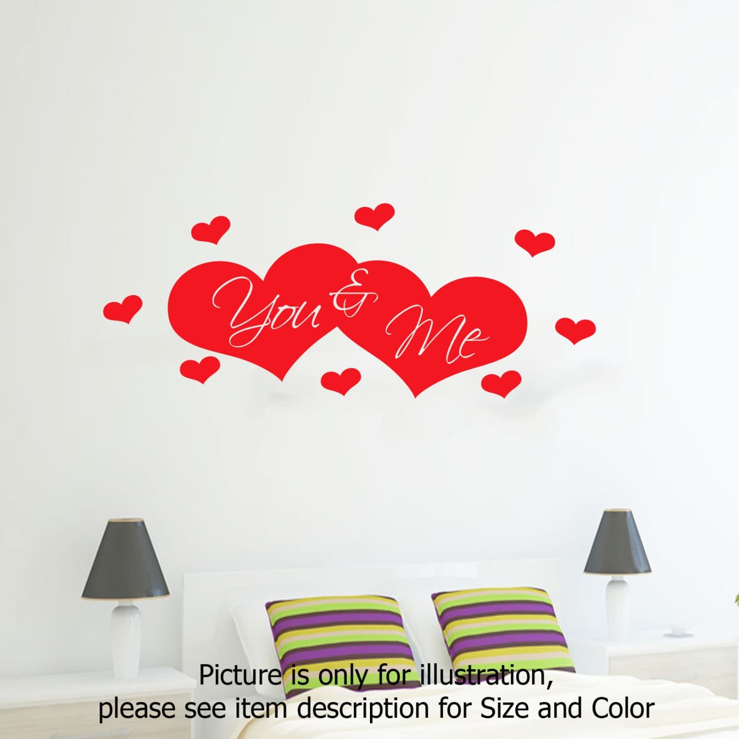 You and Me love heart shape Bedroom Wall vinyl stickers romantic Quote decals - image 5