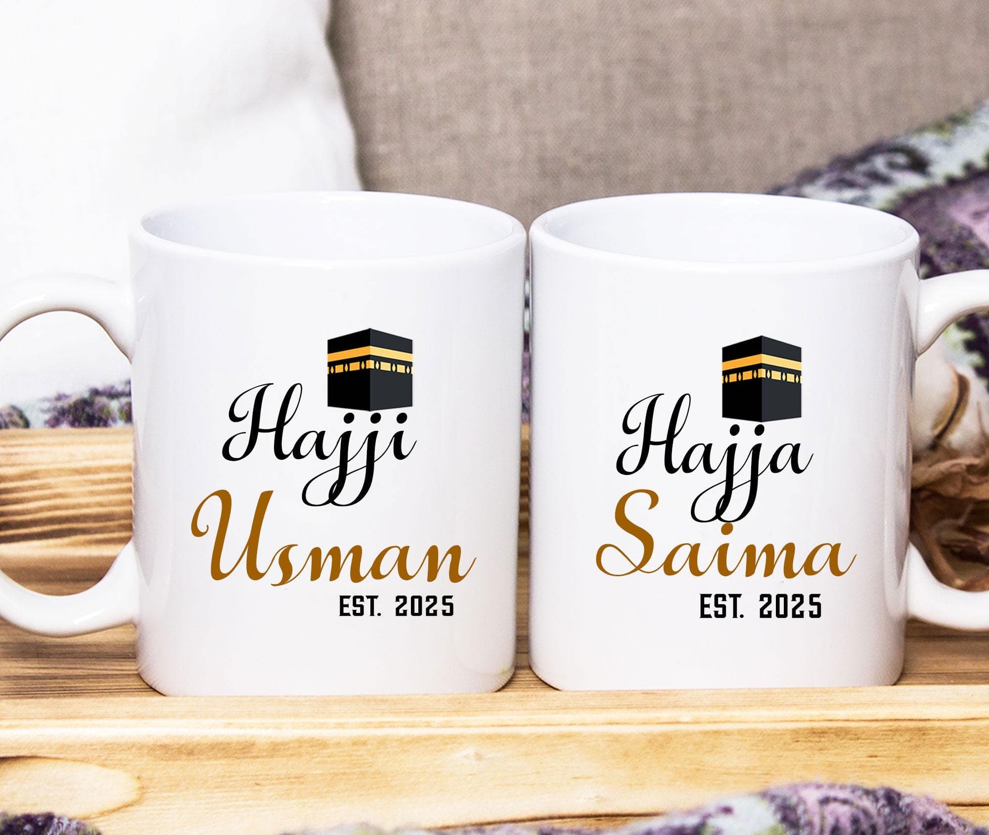 Hajja and Hajji Mug set - Personalized Name Hajj Gifts, Custom Hajj gifts Year, Islamic Gifts for Mum and Dad, Coffee Mugs with name date