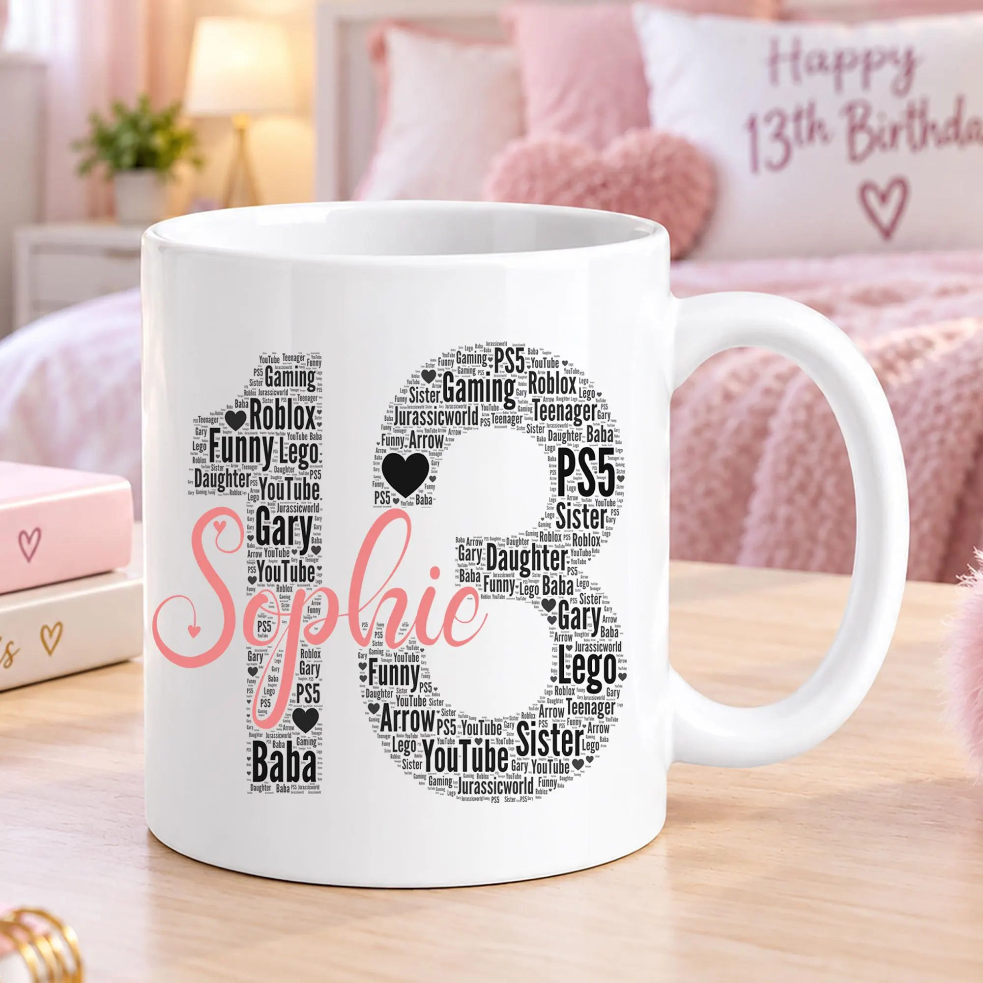 Personalised 13th Birthday Mug, Custom word Birthday word art Gifts, - 13th Birthday mug gifts for boys, girls, Birthday number word art