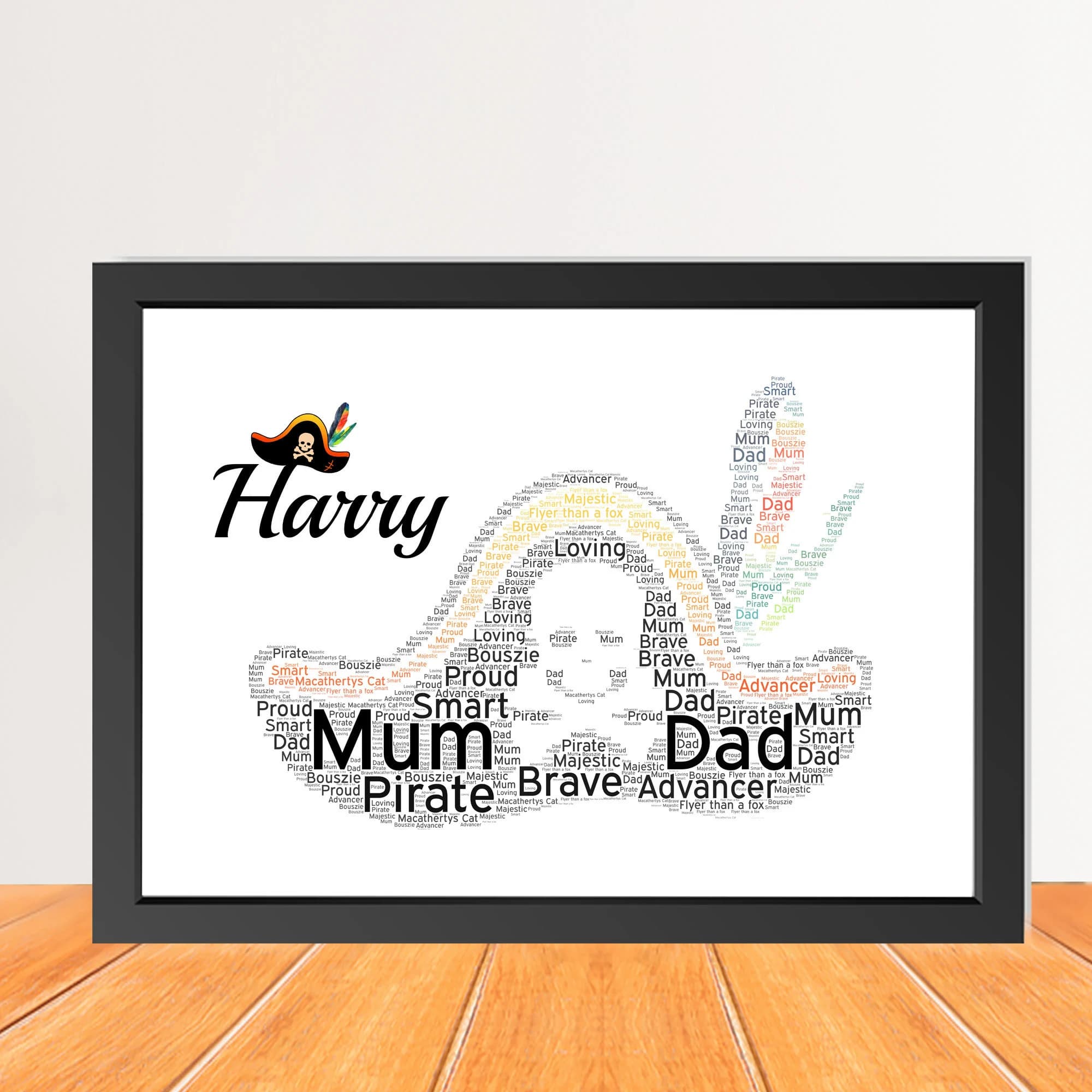Personalised Pirate Hat Word Art - Custom Nautical Typography Print, Boys Bedroom Decor, Framed Poster