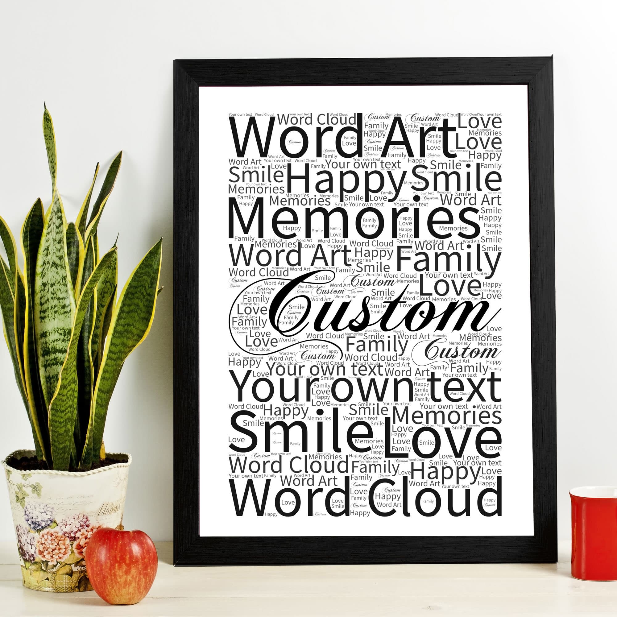 A versatile collection of custom word art prints in various shapes, including a heart, a dancer, and a rose. Each design is filled with colourful personalised typography and displayed in high-quality wooden frames, showcasing customisable options for any occasion.