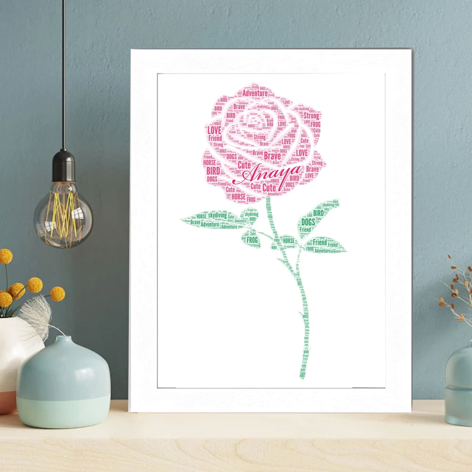 Personalised Rose Word Art, Custom Flower Name Print Birthday Gift, Botanical Framed Wall Art