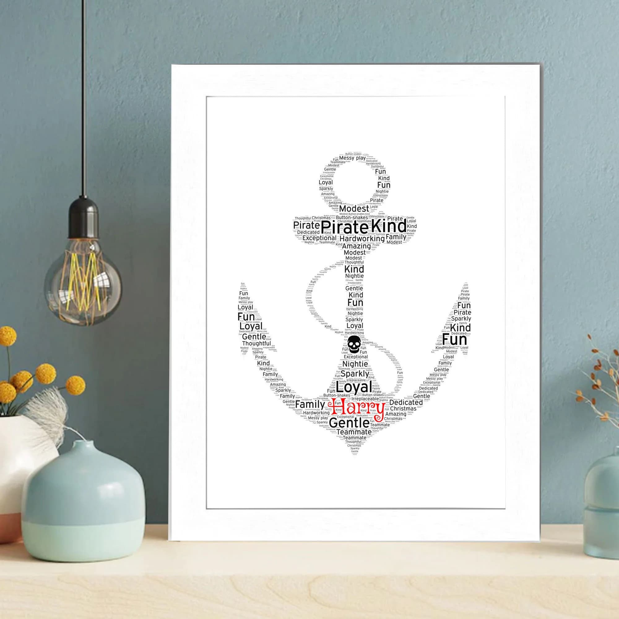 Personalised Ship Anchor Word Art, Custom Nautical Typography Print, Sailor Gift, Framed Decor