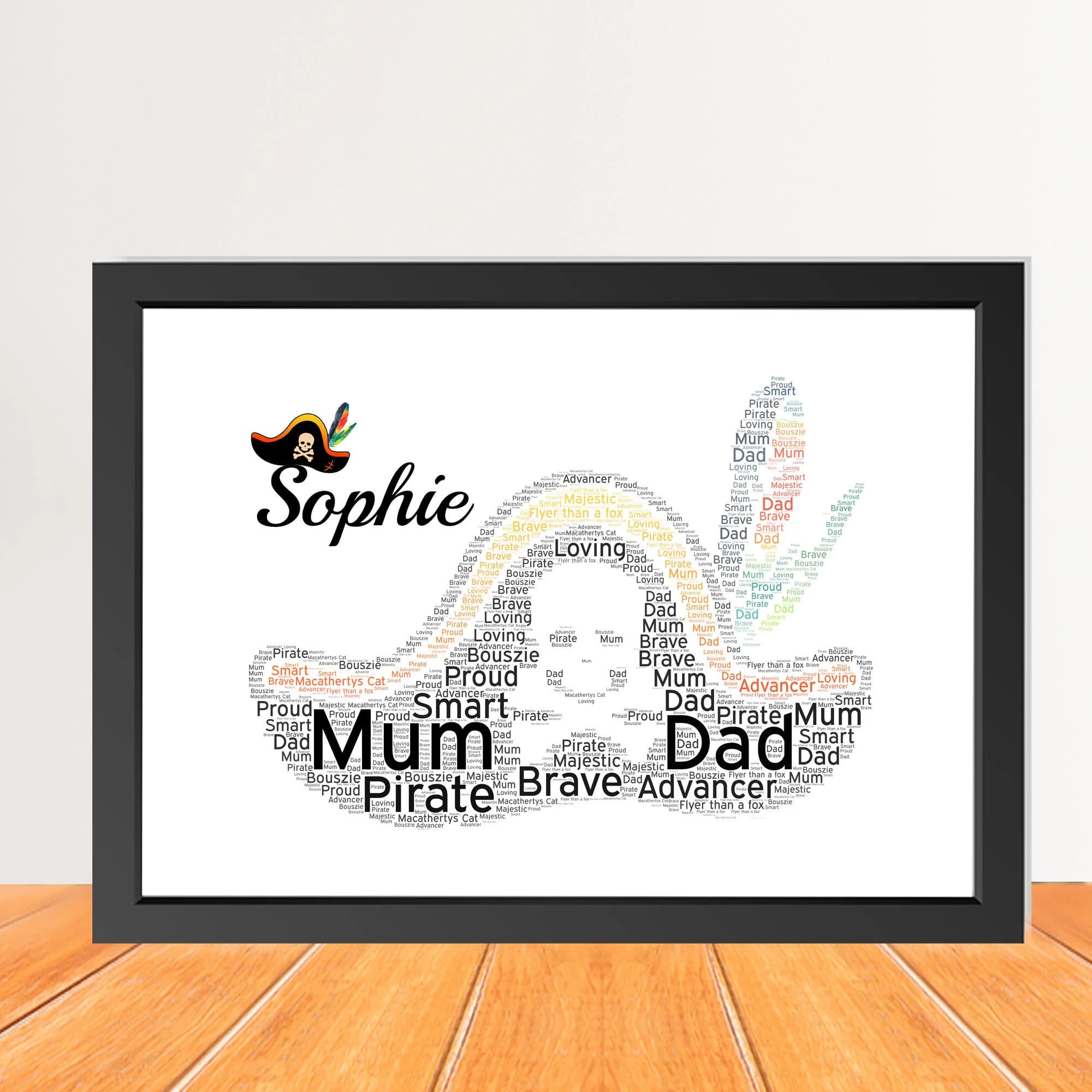 custom Word Art Print Pirate hat word art, Personalised pirate hat silhouette wall art created from custom words and nautical names, displayed in a white wooden frame, perfect for a swashbuckling boys bedroom