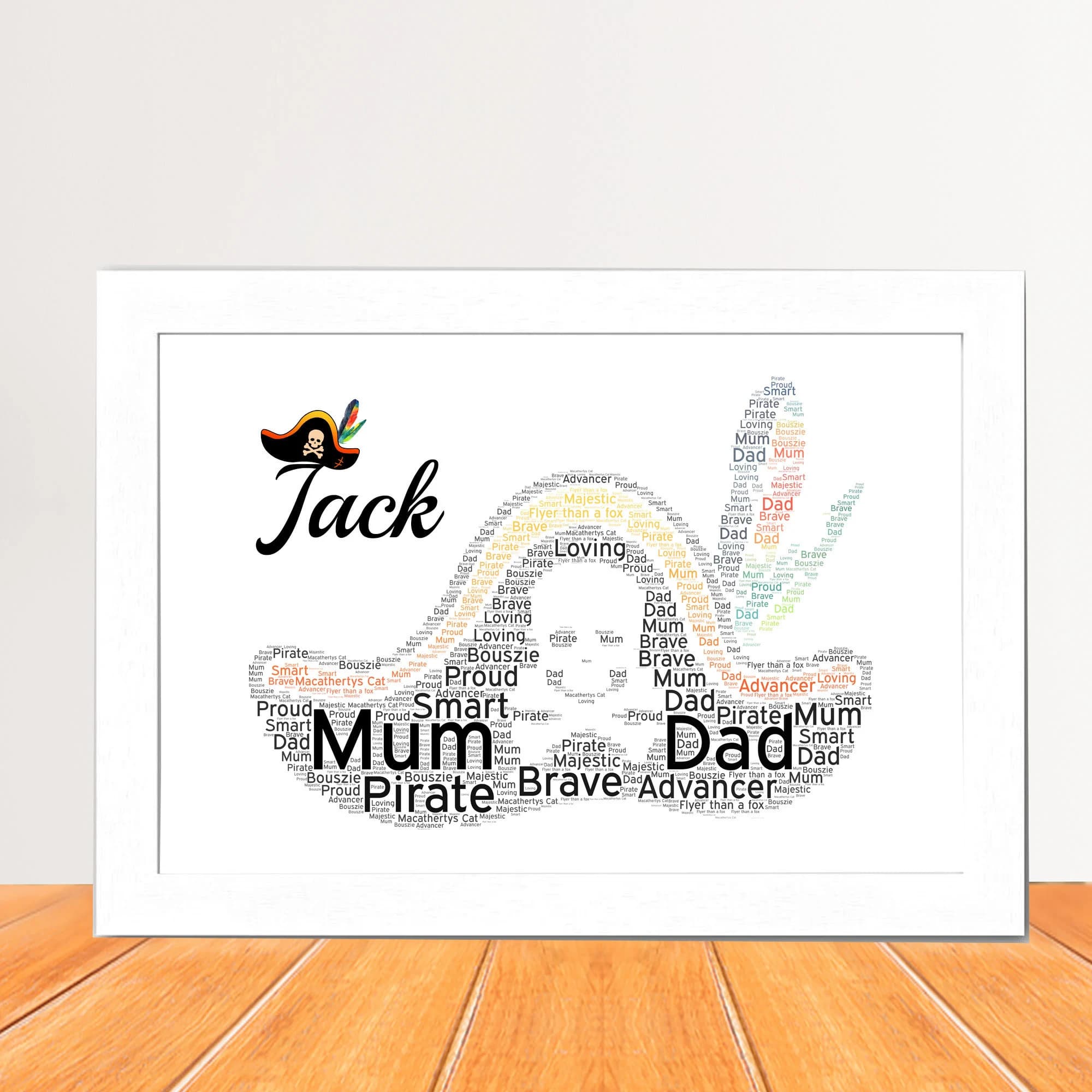 Personalized Word cloud Print - Pirate hat word art, Personalised pirate hat silhouette wall art created from custom words and nautical names, displayed in a white wooden frame, perfect for a swashbuckling boys bedroom