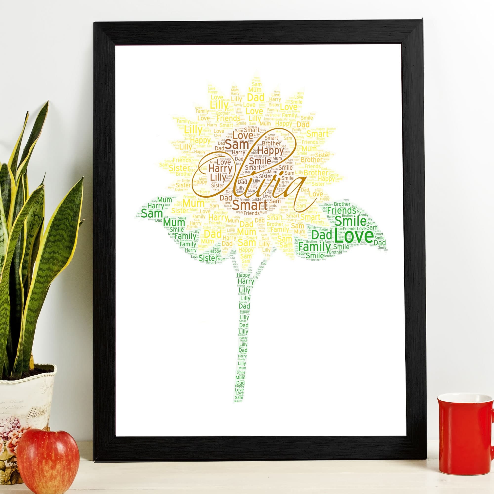 Unique Personalised Sunflower Art Print, A vibrant yellow sunflower word art print on a white background, featuring personalised names and phrases forming the flower head and petals in bespoke typography