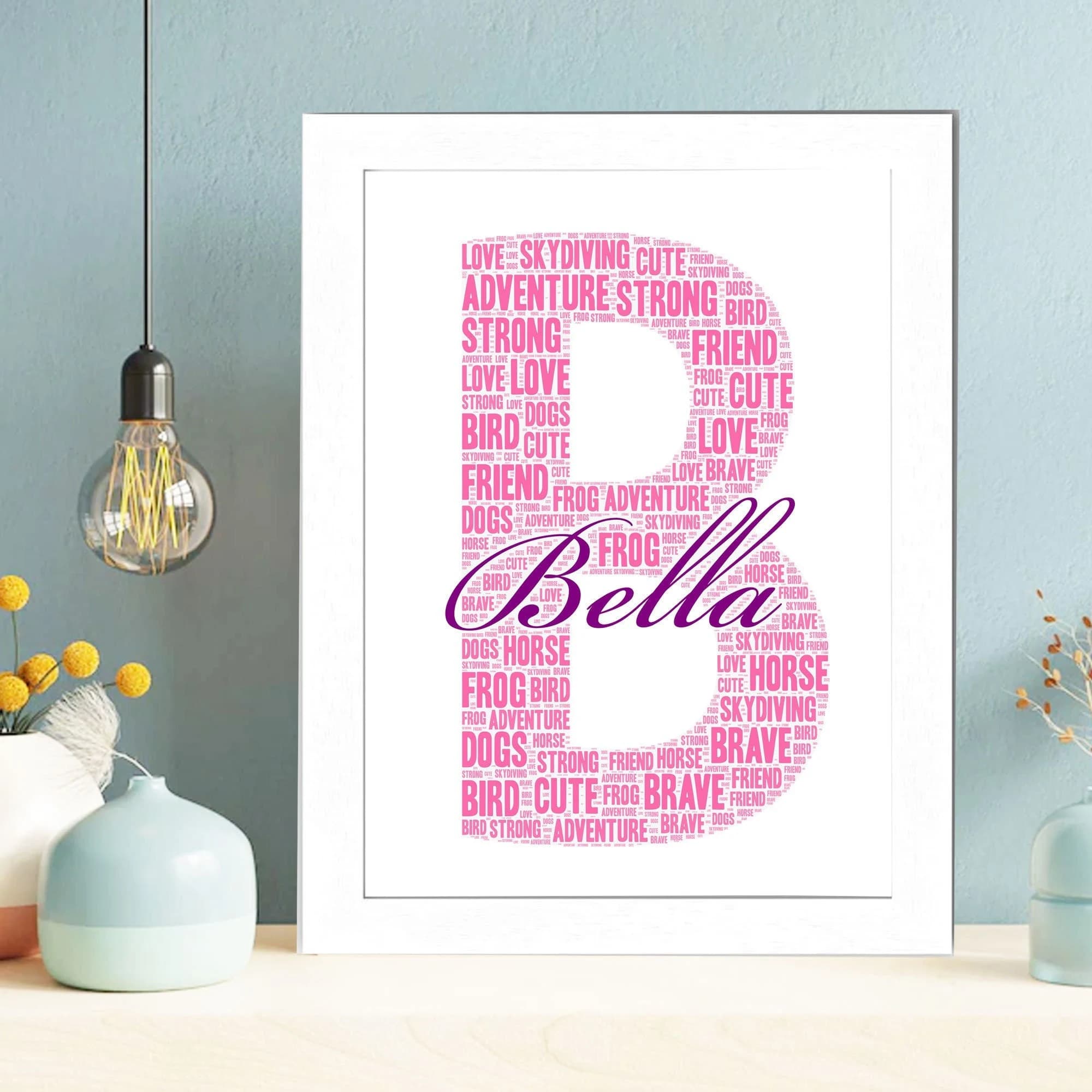 Personalized Name Initial Word Art Print, Custom Name Initial Word cloud Decal, Girls name Birthday gifts, Christmas Gift Wall Frame Print. Personalised name initial word art print with custom words shaped into a large letter — a unique birthday or Christmas gift for girls and boys, available framed or unframed in A5, A4, and A3.