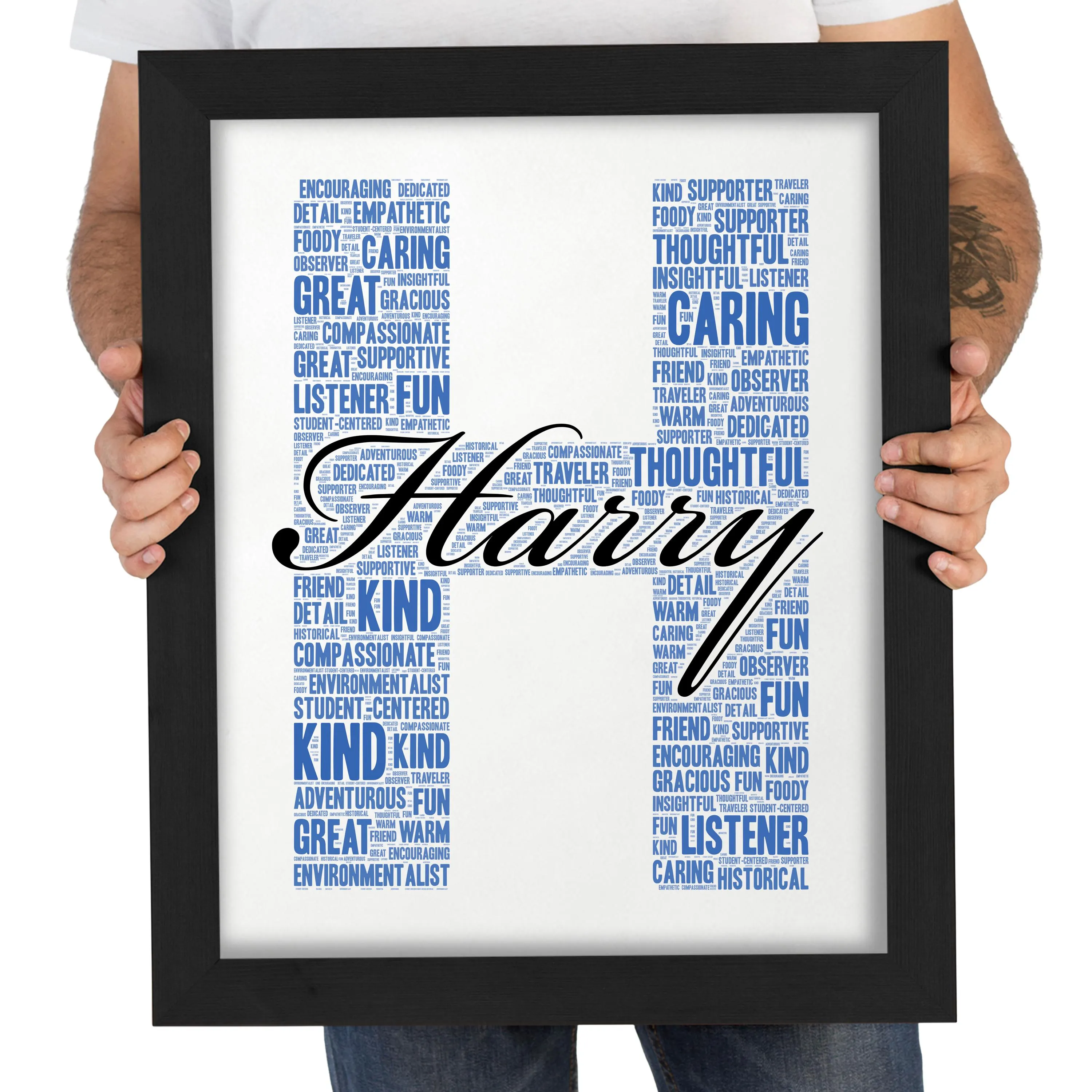 Personalised name initial word art print with custom words shaped into a large letter — a unique birthday or Christmas gift for girls and boys, available framed or unframed in A5, A4, and A3.