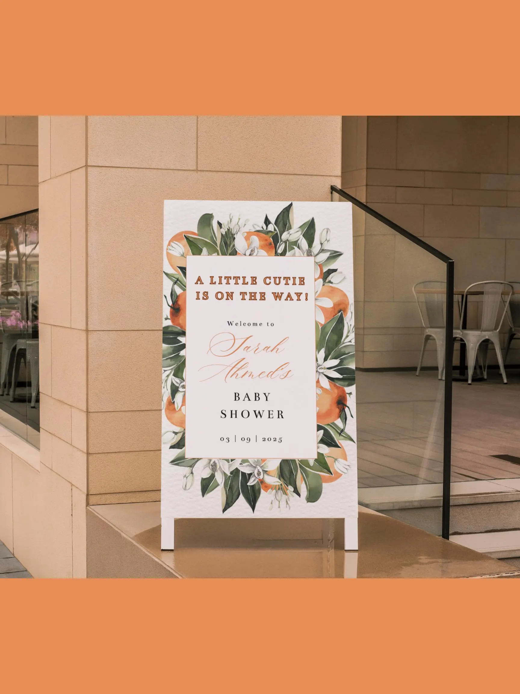 baby shower Welcome Sign, Digital Download Orange, Little Cutie