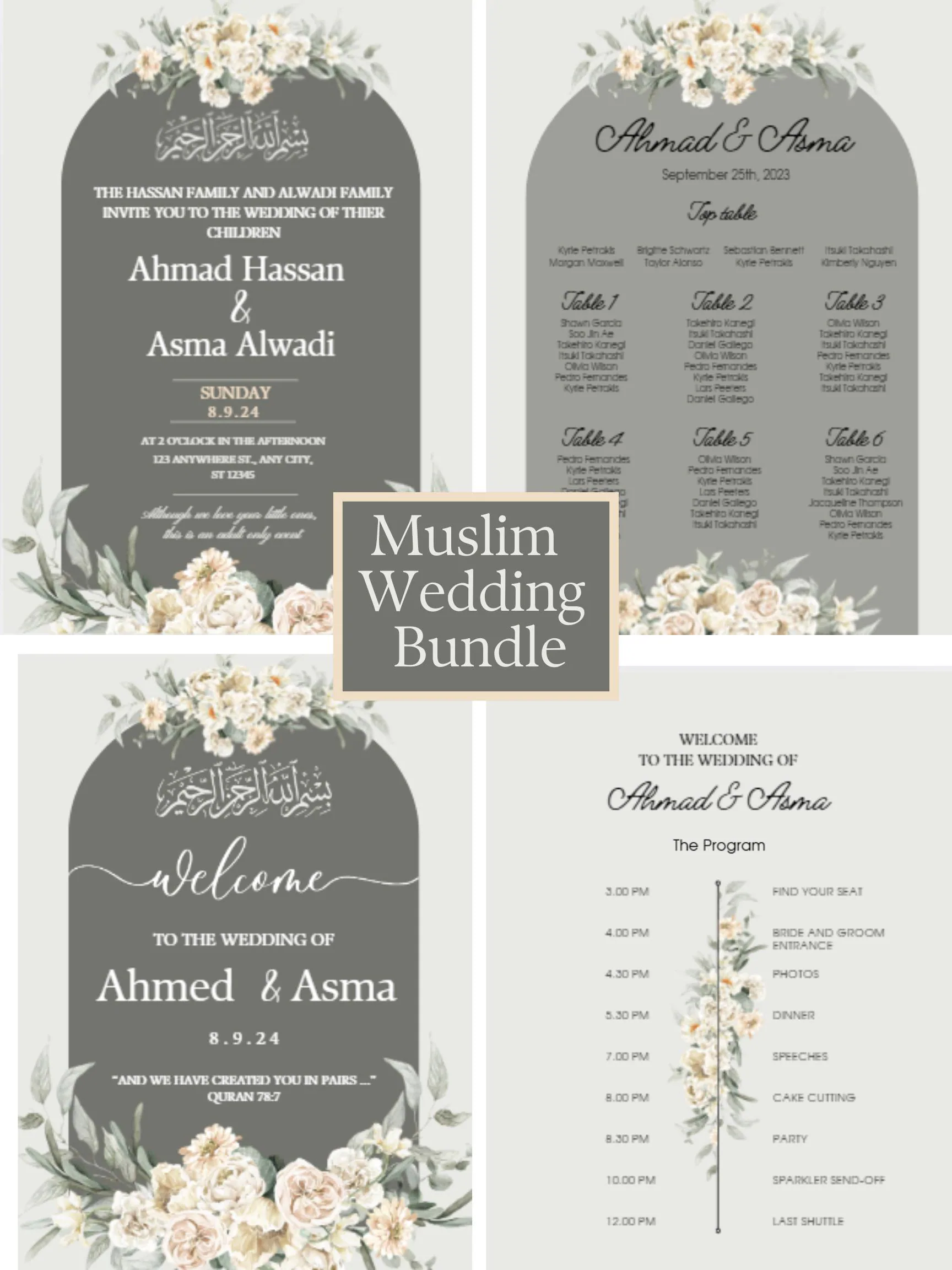 5 in 1, Muslim wedding printable bundle, Wedding sign, Invitations, Table numbers, program, Digital Download