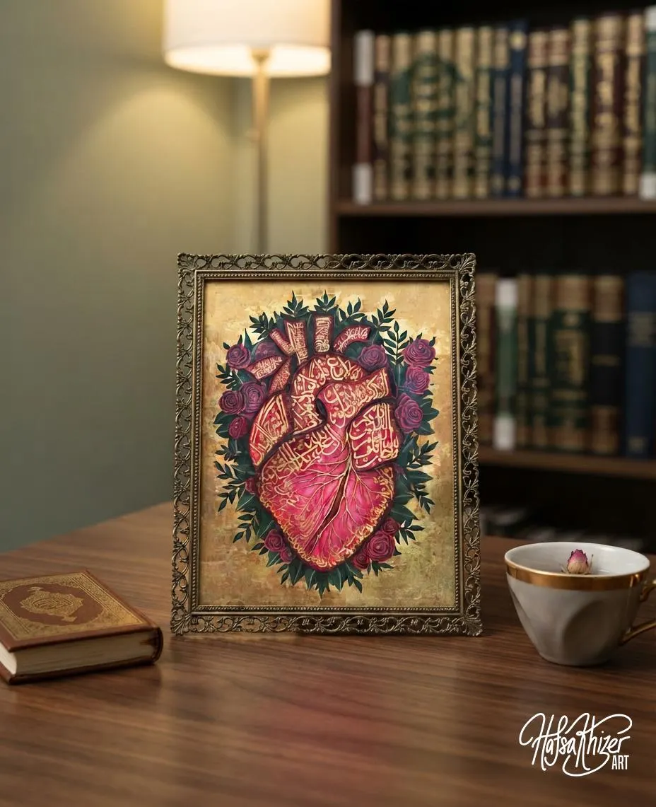 Islamic Heart Art Print | Anatomical Heart with Quranic Calligraphy, Roses (Digital Download)