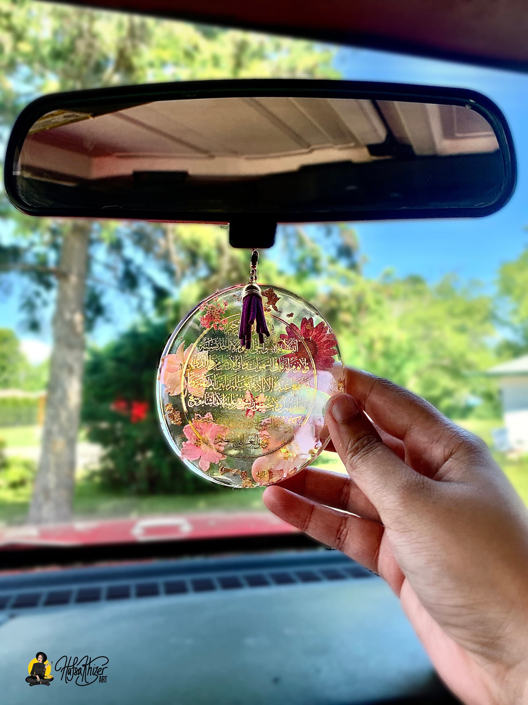 Personalized Islamic Car hanging Pendant: Real Pressed Flowers, with travel dua or Ayatul Kursi - image 5