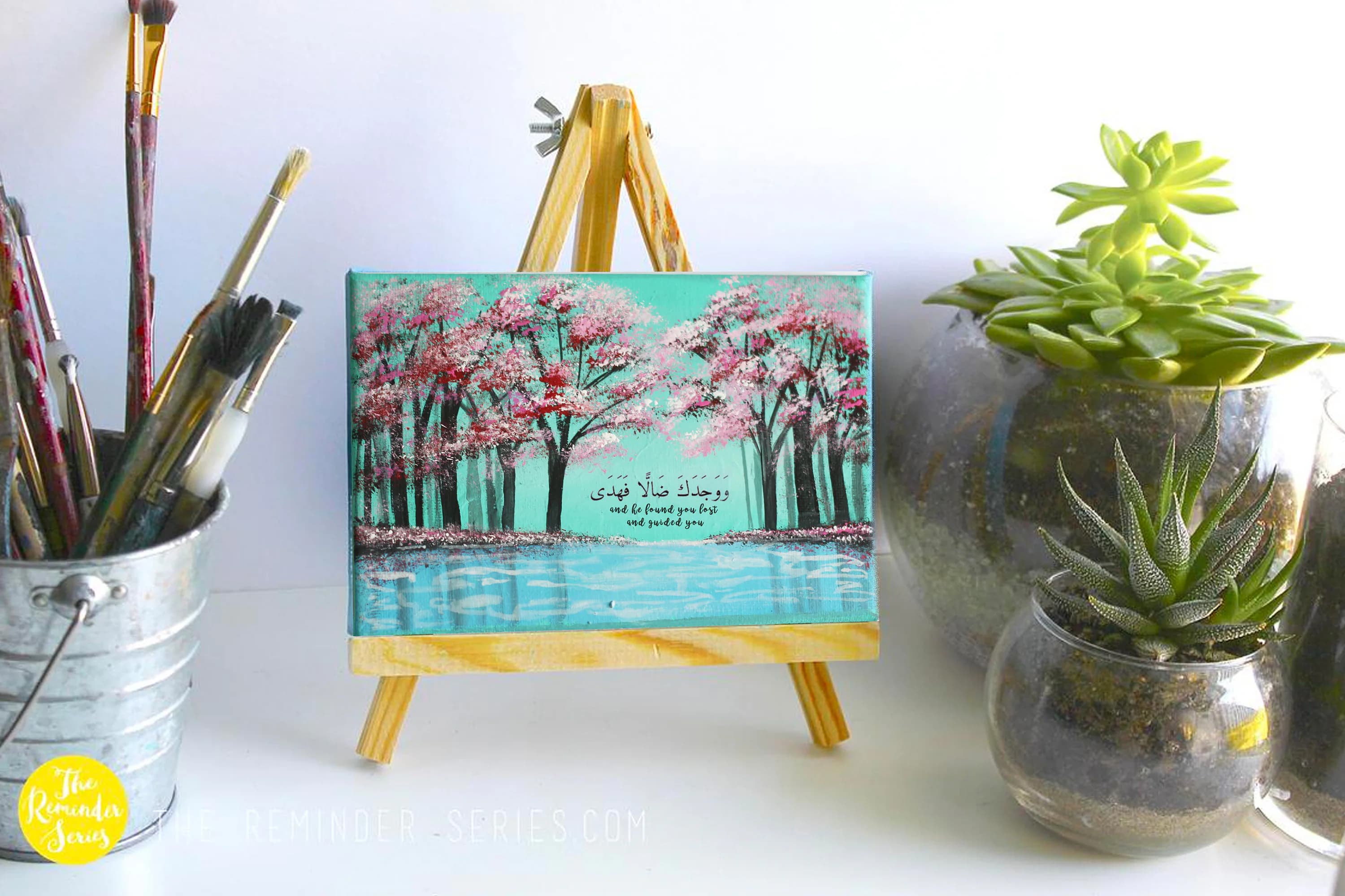 Handpainted Islamic Cherry Blossom Canvas Art painting with Easel