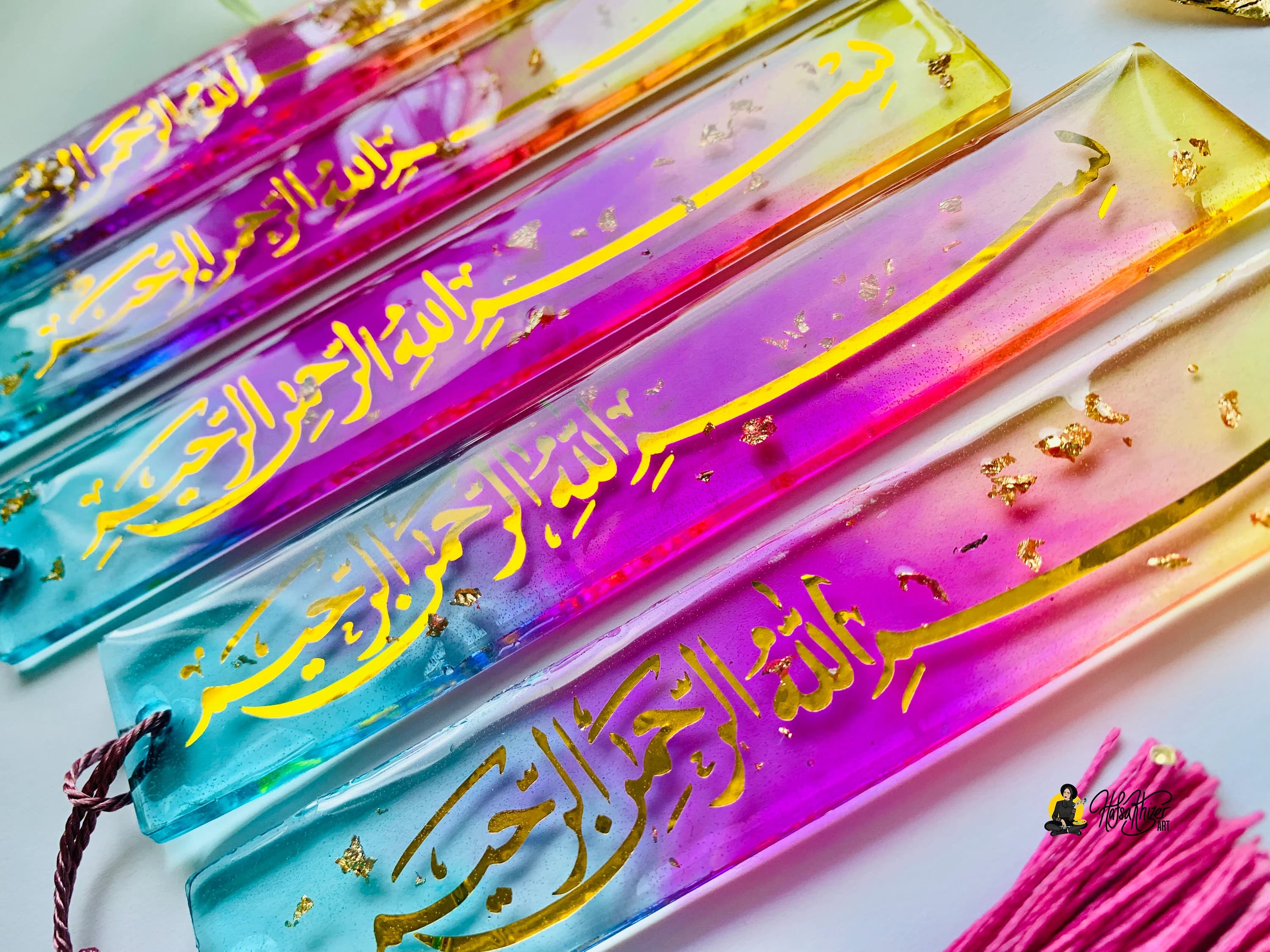 Bismillah Islamic Bookmark: pastel Pink & Blue, with Tassel - image 4