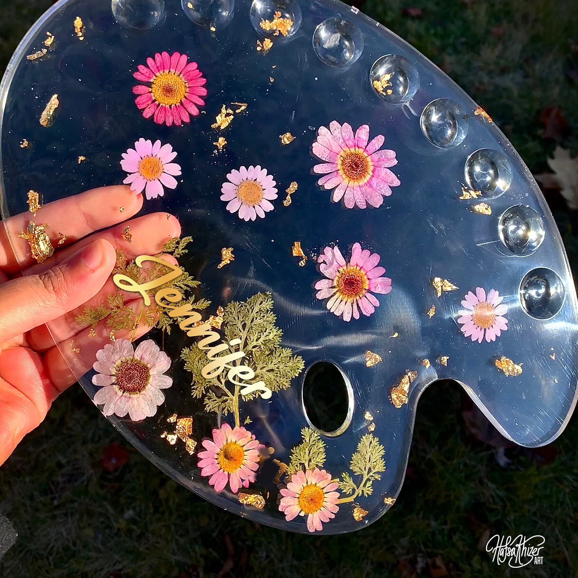 Personalized name Paint Palette with real Pressed Flowers - Creative Artist Gift