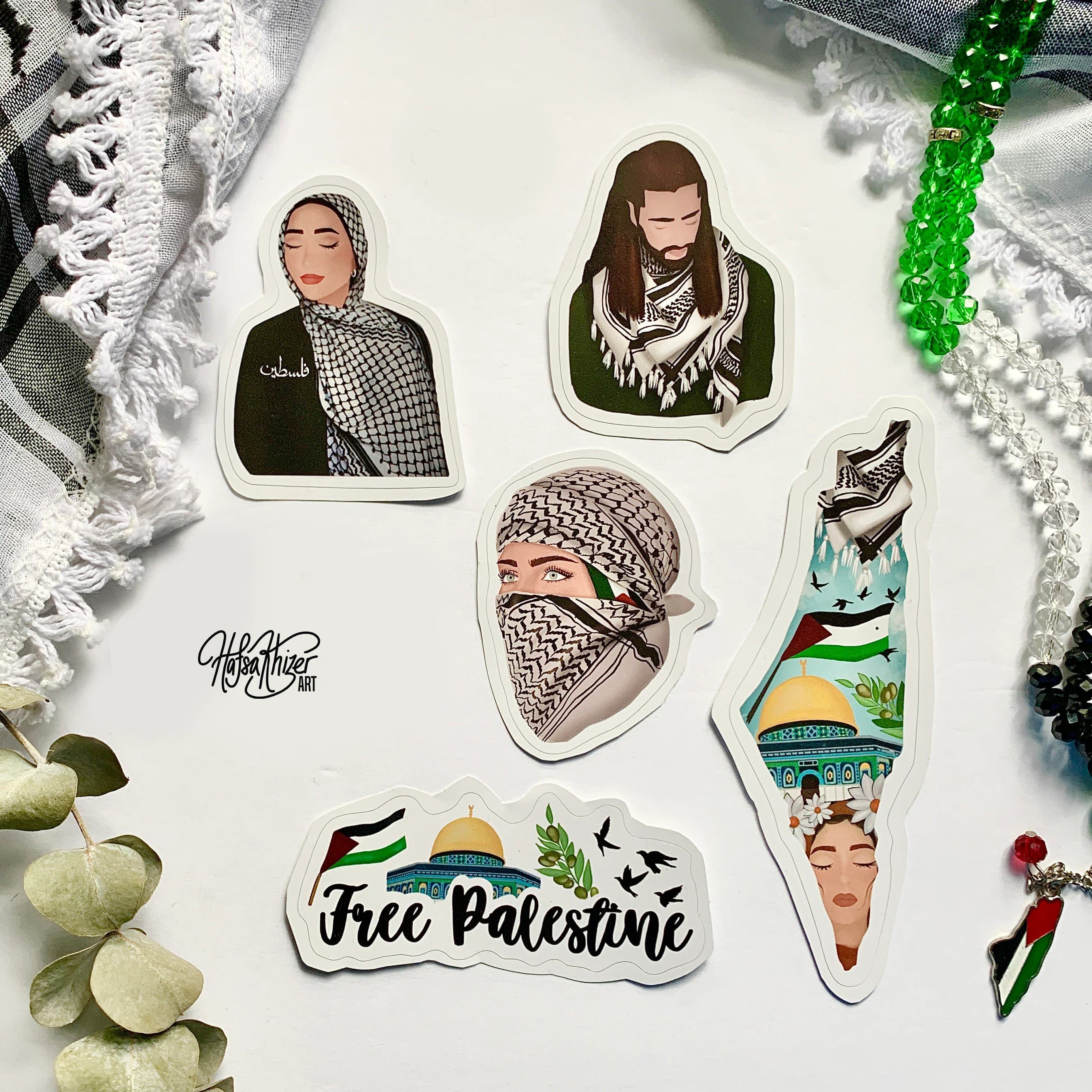 Free Palestine Art Sticker set : Keffiyeh, Map, Palestinian Pattern sticker (Set of 5)