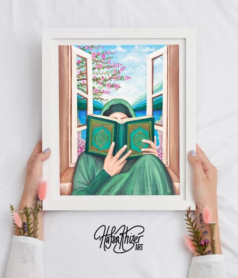 Hijabi Woman Reading Quran Art Print: Islamic Wall Decor (Digital Download)