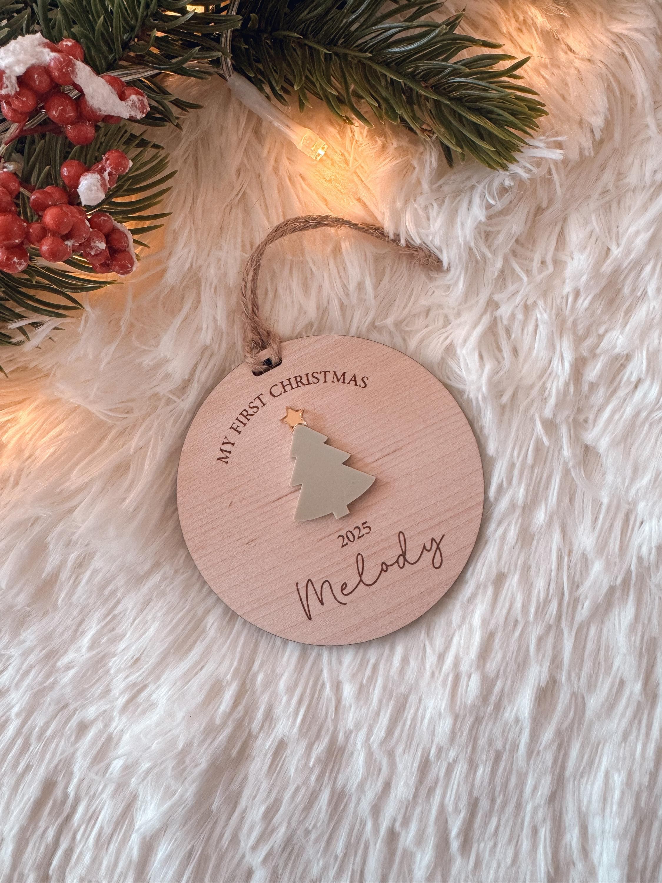 Personalised Baby's First Christmas Christmas Tree Wood And Acrylic Ornament