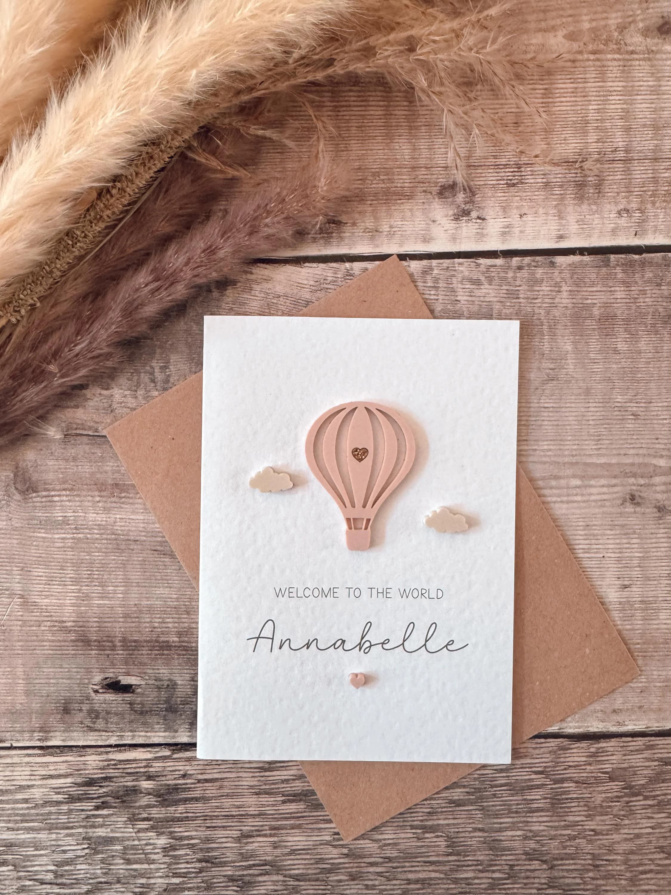 Luxury Acrylic New Baby Girl Card - Welcome To The World Hot Air Balloon
