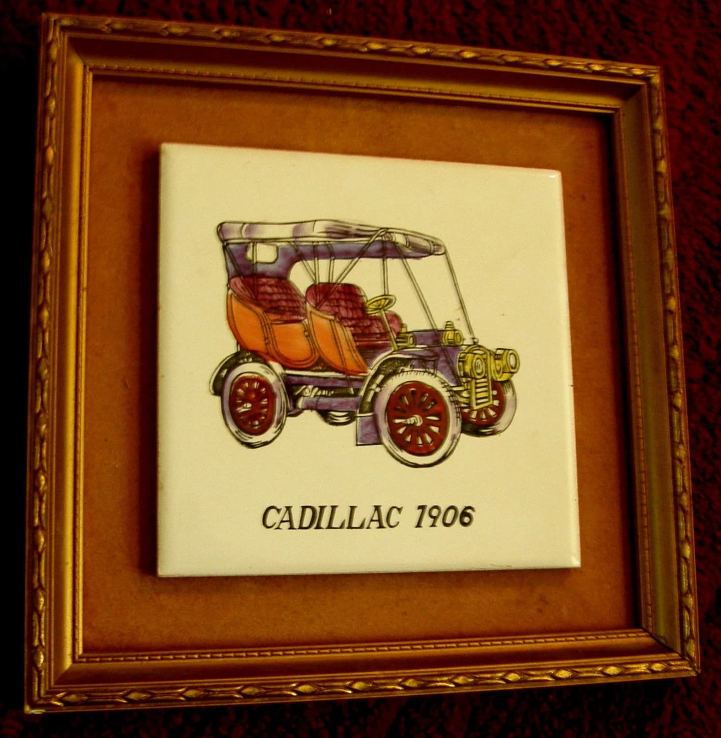 Vintage Mid century Classic American Car Ceramic Porcelain Wall Art Panel inside Vintage Japanese Wood frame JAPAN - Cadillac 1906 - image 2