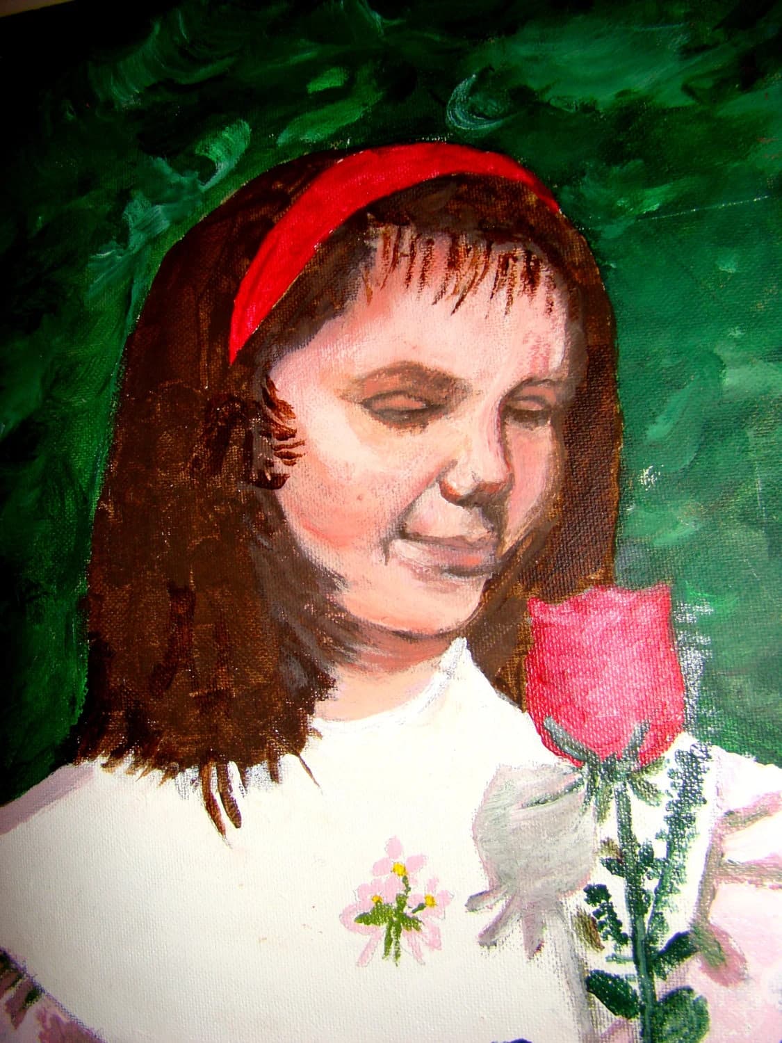 Original Oil on Canvas Artist Board Portrait Painting of a Girl with a Beautiful Rose, signed by the artist - image 4