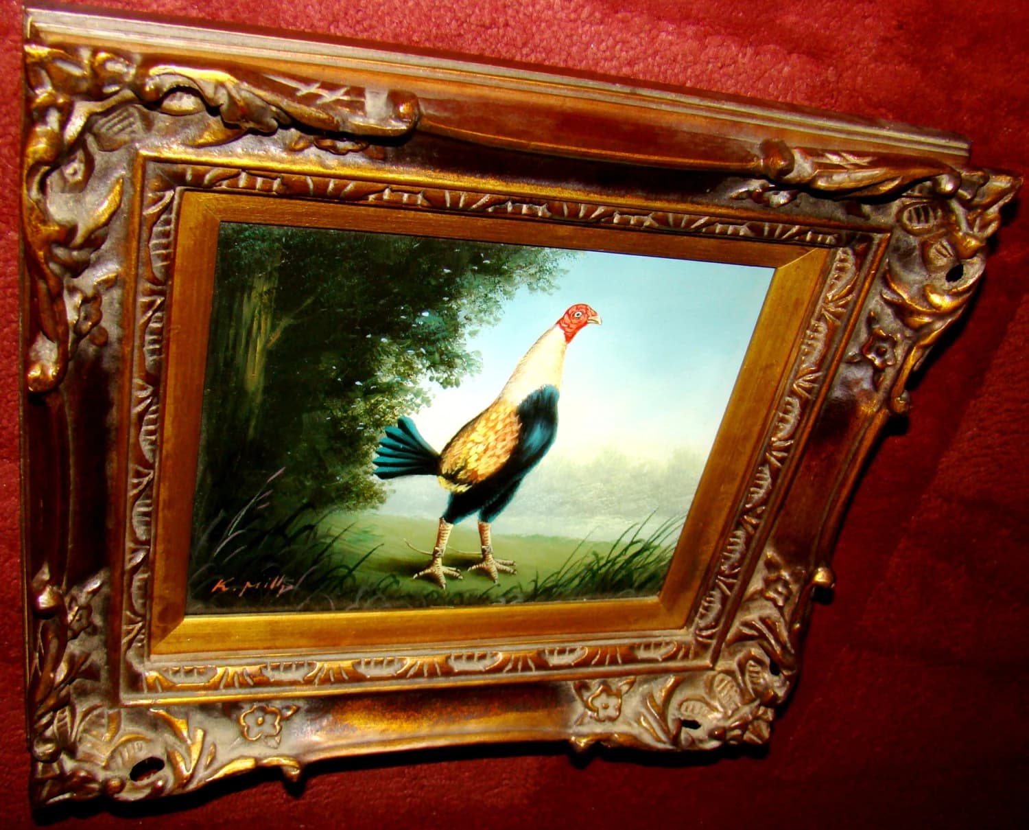 Signed K Mills Original Oil on Canvas Painting – Landscape Bird Art - Elaborate  Antique style Shadowbox Frame - High End Interior Décor - image 4