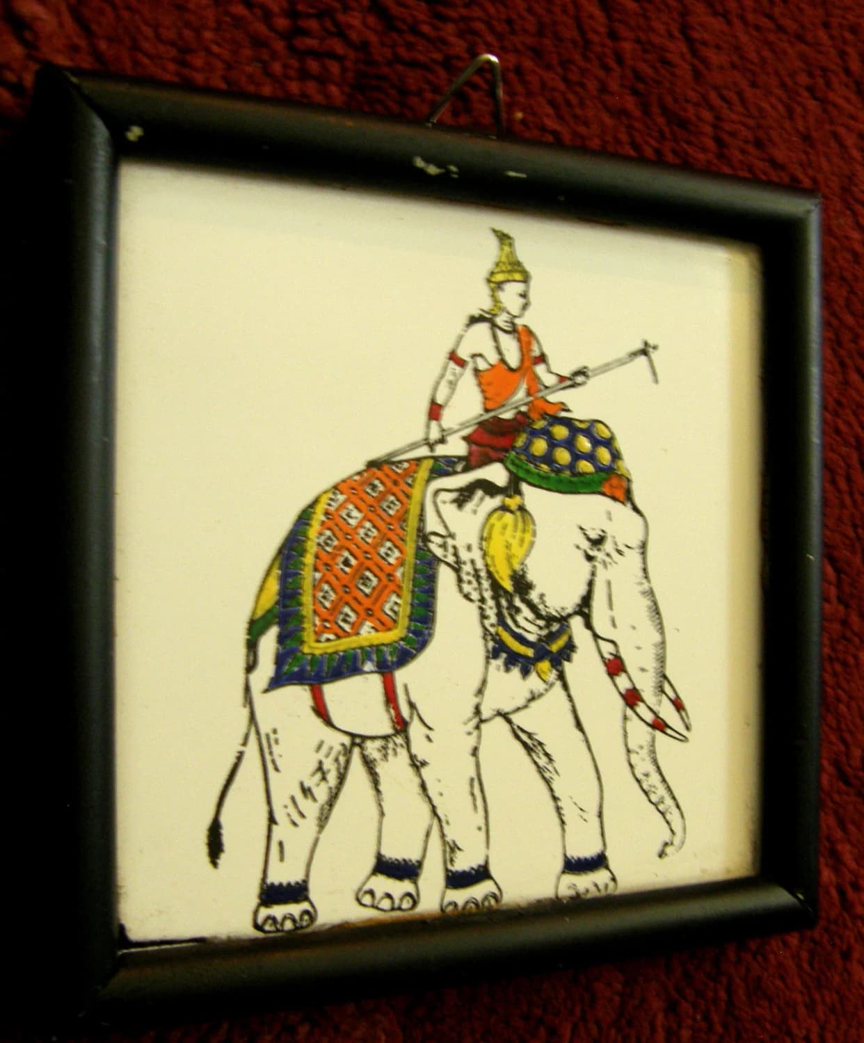 Original Oriental Miniature Oil Painting - Exquisite Hand Painted Ceramic Tile - Nobleman or a warrior on the back of an elephant - image 3