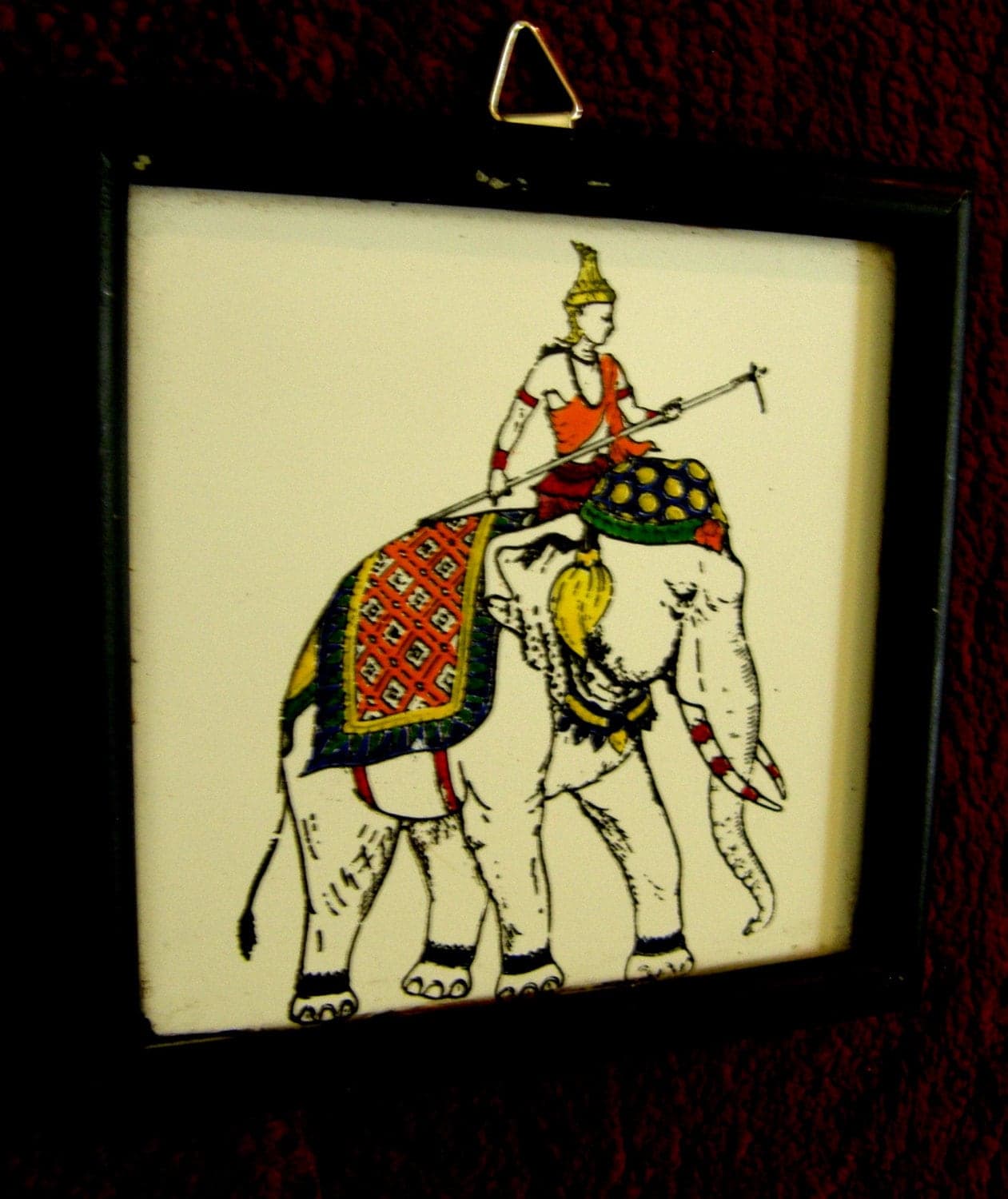 Original Oriental Miniature Oil Painting - Exquisite Hand Painted Ceramic Tile - Nobleman or a warrior on the back of an elephant