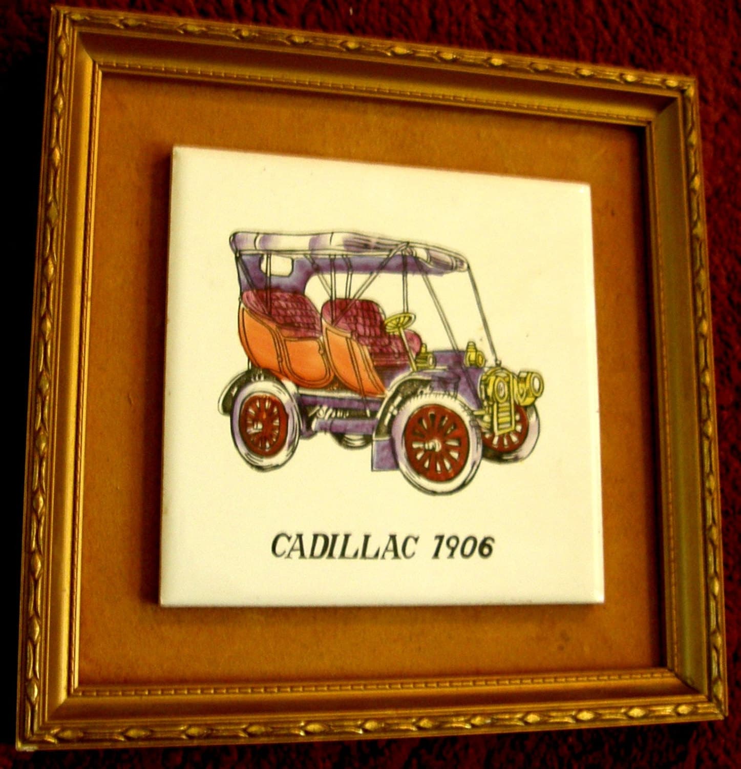 Vintage Mid century Classic American Car Ceramic Porcelain Wall Art Panel inside Vintage Japanese Wood frame JAPAN - Cadillac 1906