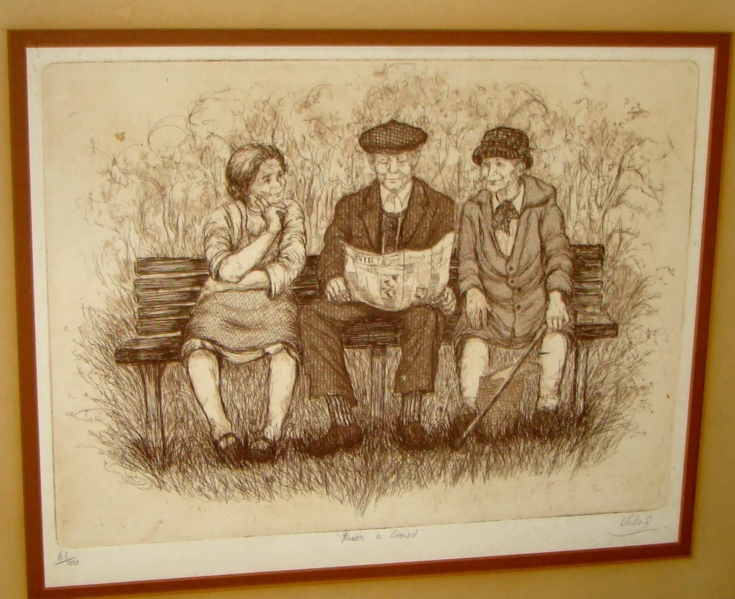 Mary Vickers Limited Edition 61/100 Vintage Original British Genre Scene  Etching "Three's a crowd"  - Hand Signed - image 4