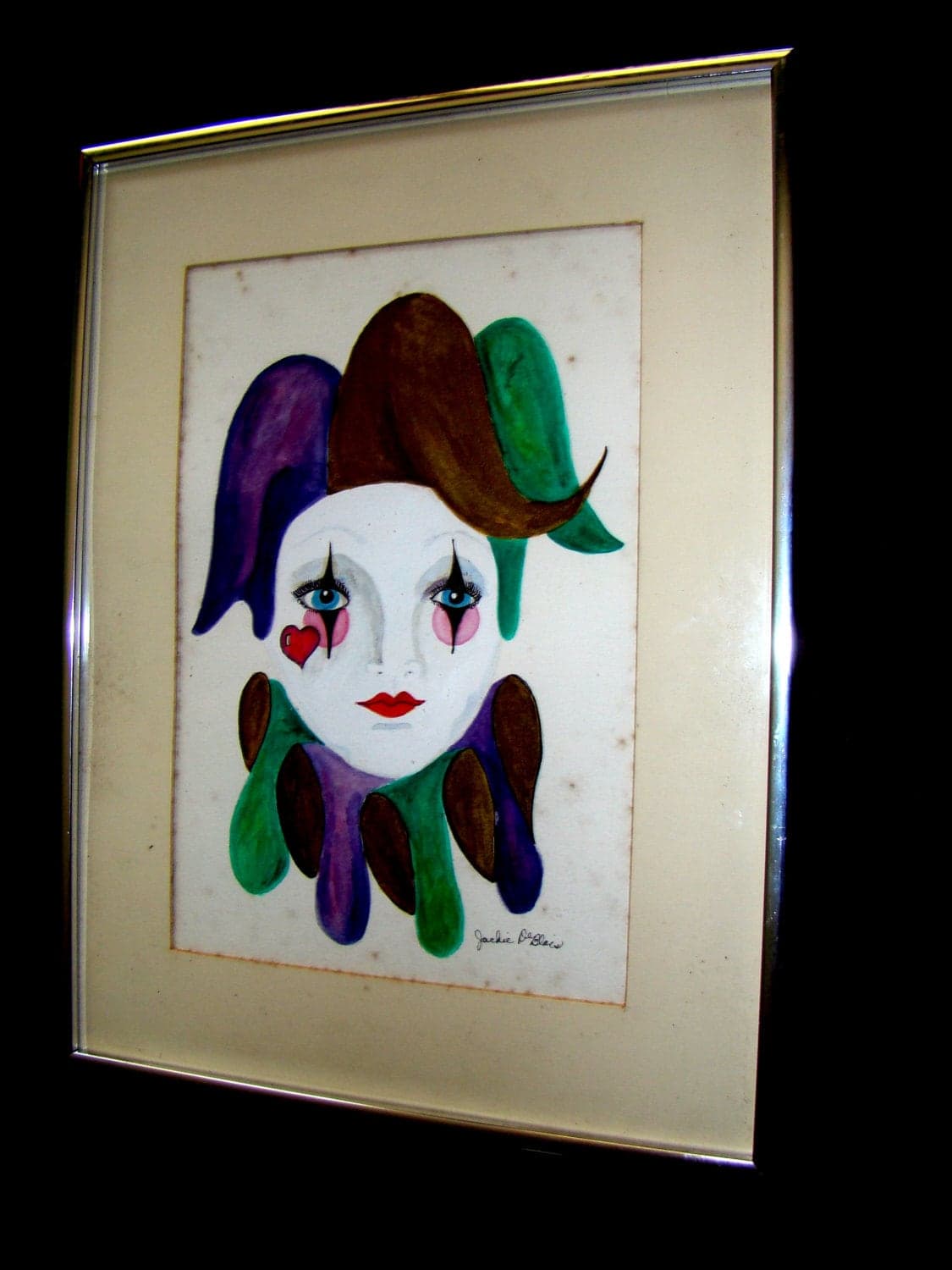 Signed ORIGINAL Pen ink watercolor drawing/painting  on a dense white paper, signed Jackie DeBlois - UNUSUAL RARE Vintage Framed Watercolor