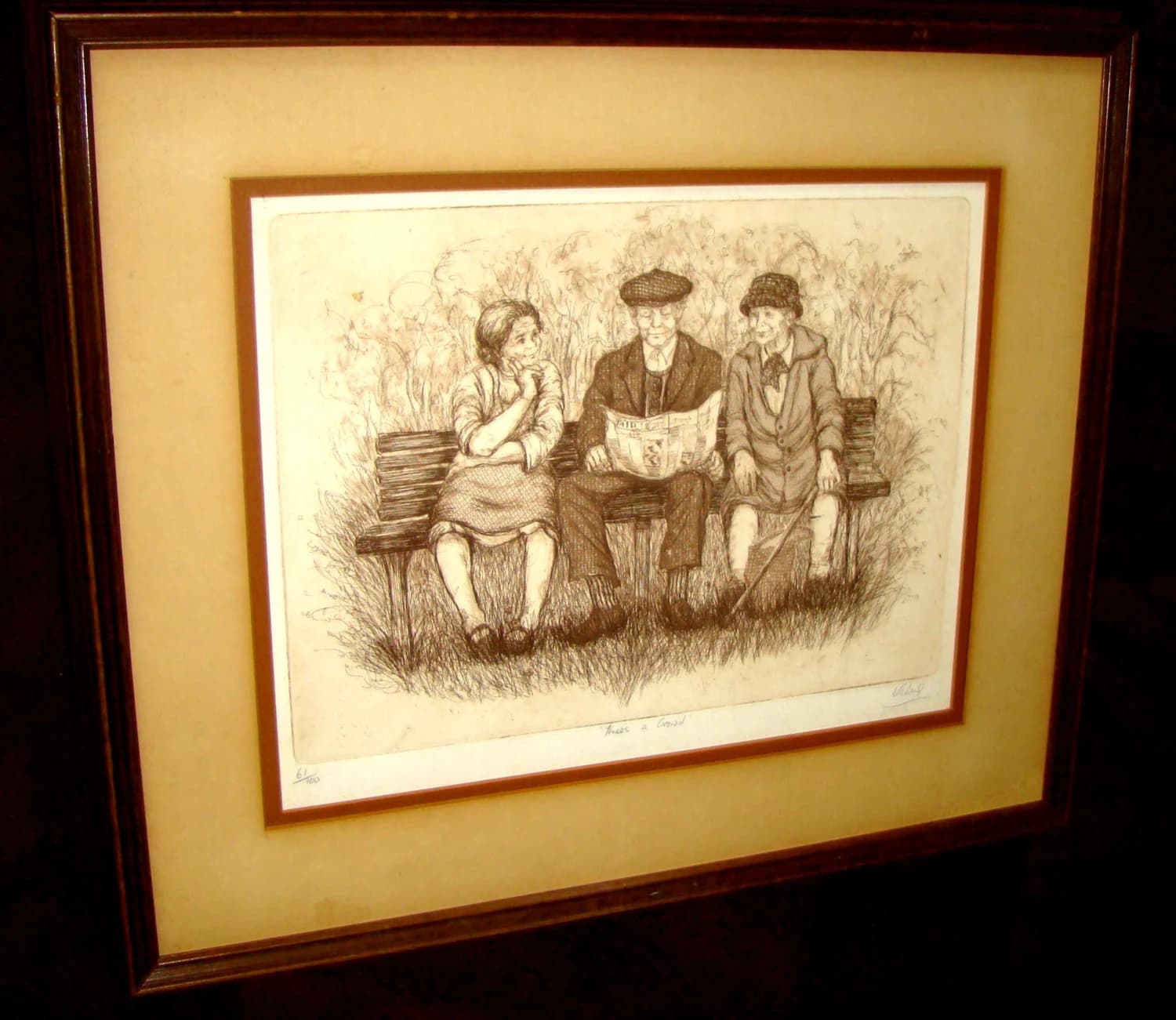 Mary Vickers Limited Edition 61/100 Vintage Original British Genre Scene  Etching "Three's a crowd"  - Hand Signed - image 3