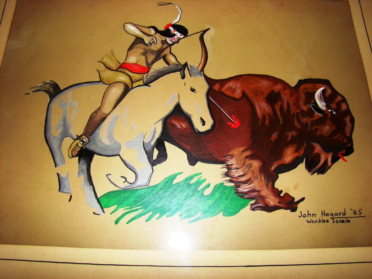 ORIGINAL American West Drawing Painting on paper of an American Indian on horseback engaged in a bullfight, - UNUSUAL RARE Signed 1965 - image 4