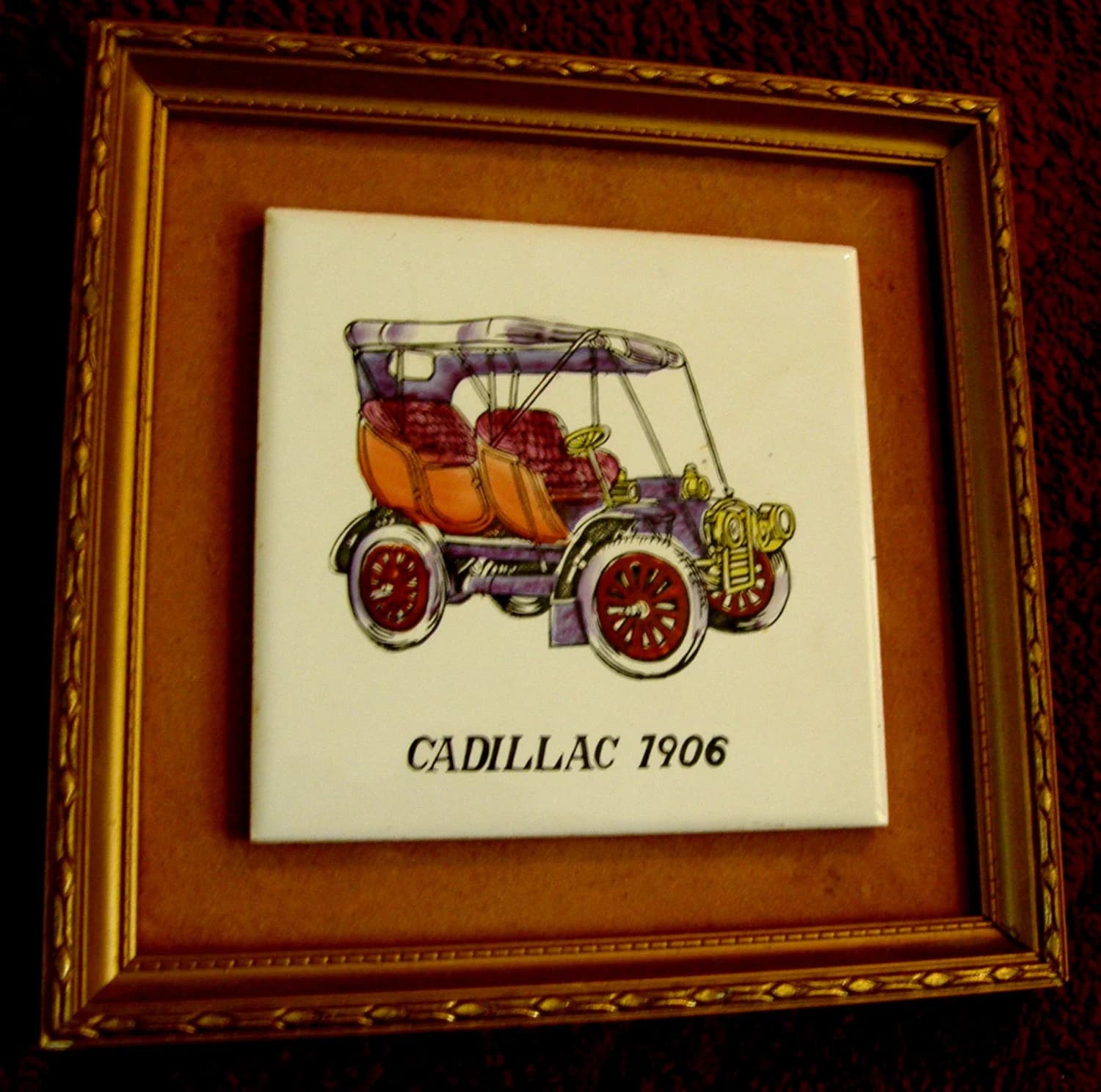 Vintage Mid century Classic American Car Ceramic Porcelain Wall Art Panel inside Vintage Japanese Wood frame JAPAN - Cadillac 1906 - image 4
