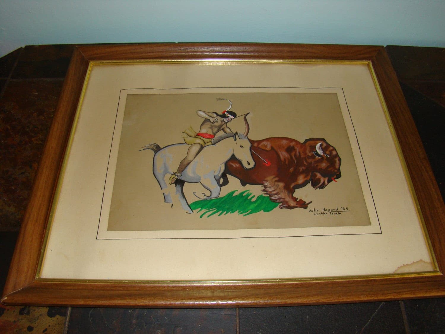ORIGINAL American West Drawing Painting on paper of an American Indian on horseback engaged in a bullfight, - UNUSUAL RARE Signed 1965
