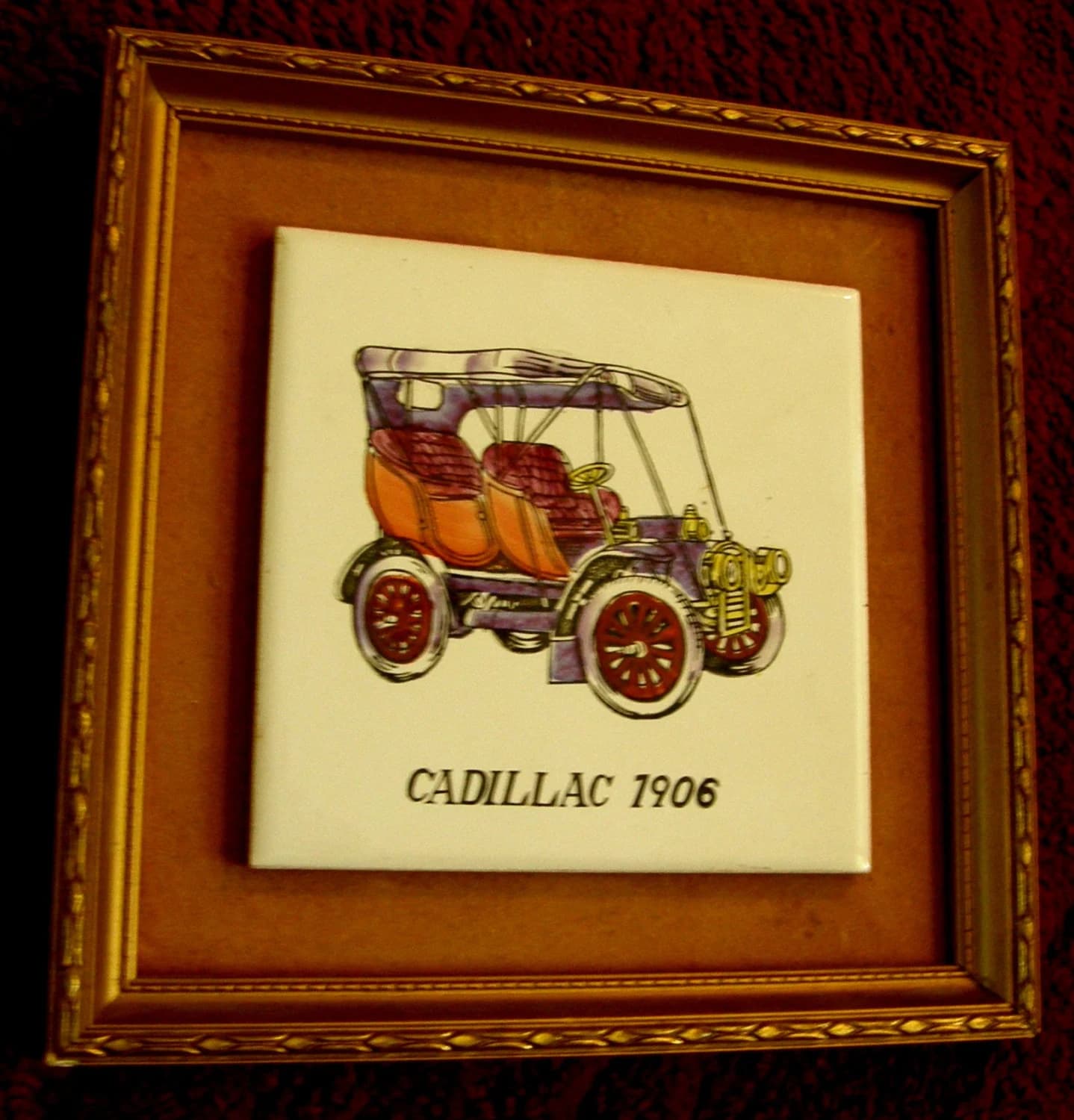 Vintage Mid century Classic American Car Ceramic Porcelain Wall Art Panel inside Vintage Japanese Wood frame JAPAN - Cadillac 1906 - image 3