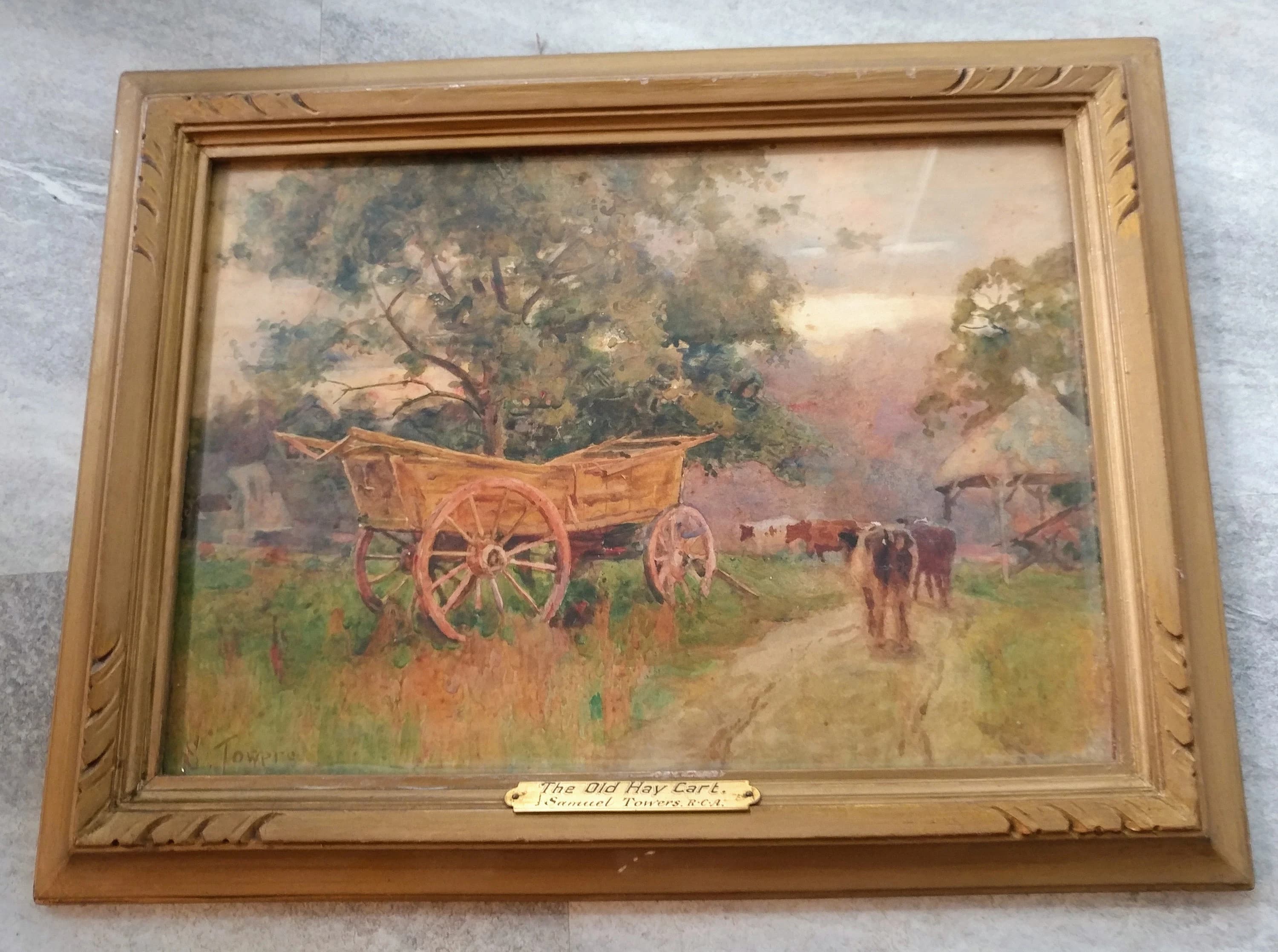 Original Antique Samuel Towers British (1862-1943) ”The old hay cart”  watercolor Signed  landscape Painting inside Antique frame - image 3