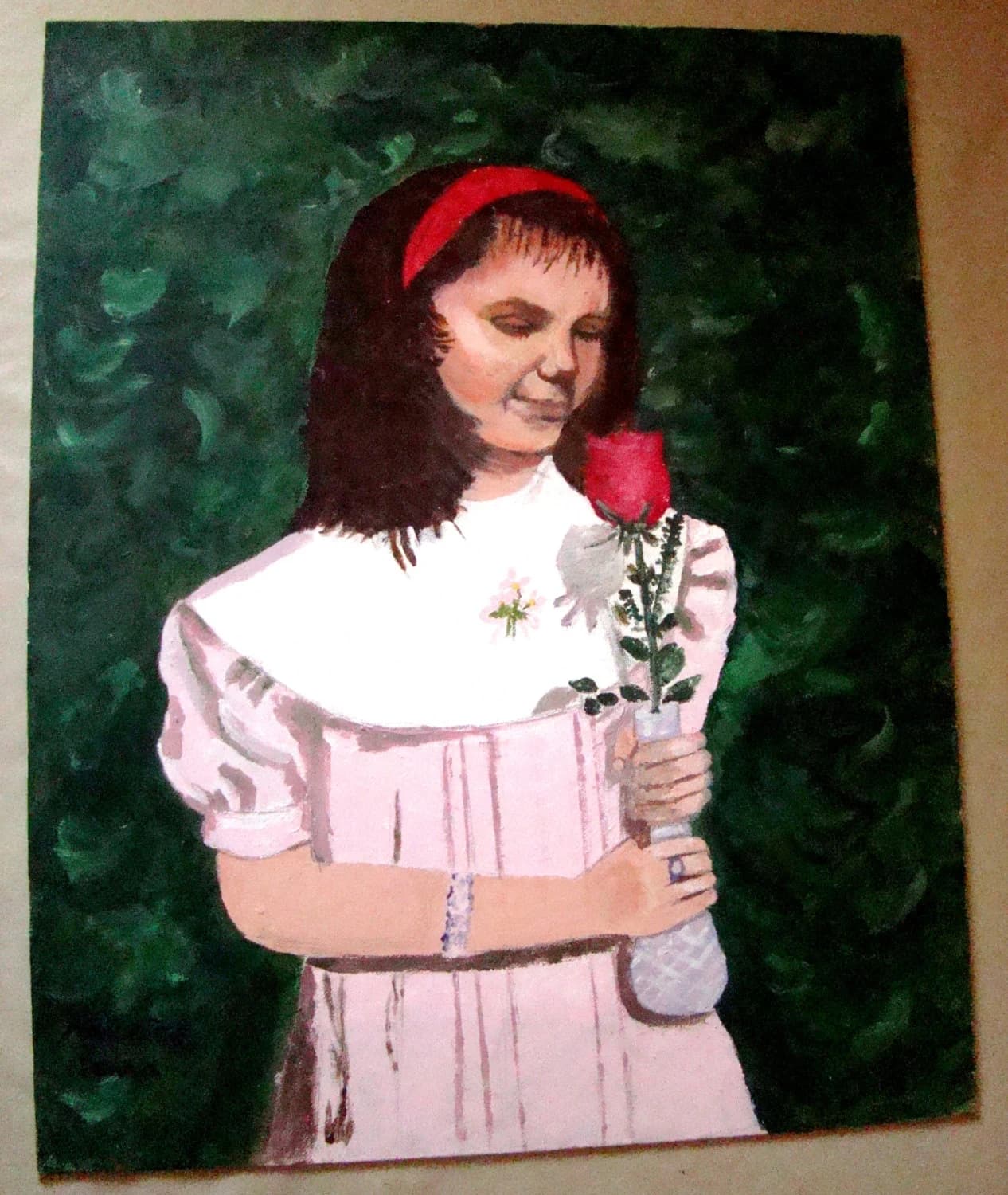 Original Oil on Canvas Artist Board Portrait Painting of a Girl with a Beautiful Rose, signed by the artist - image 2