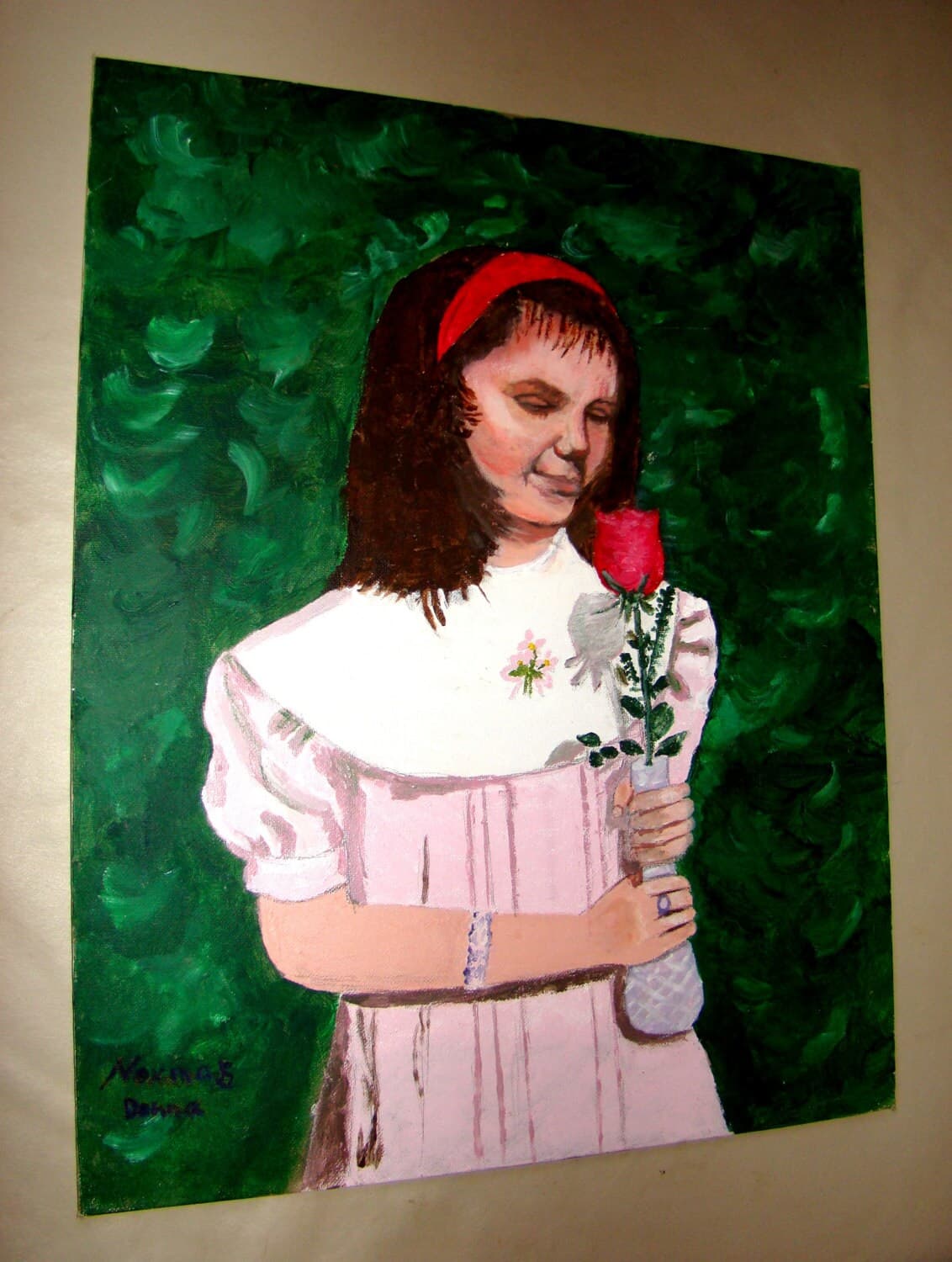 Original Oil on Canvas Artist Board Portrait Painting of a Girl with a Beautiful Rose, signed by the artist