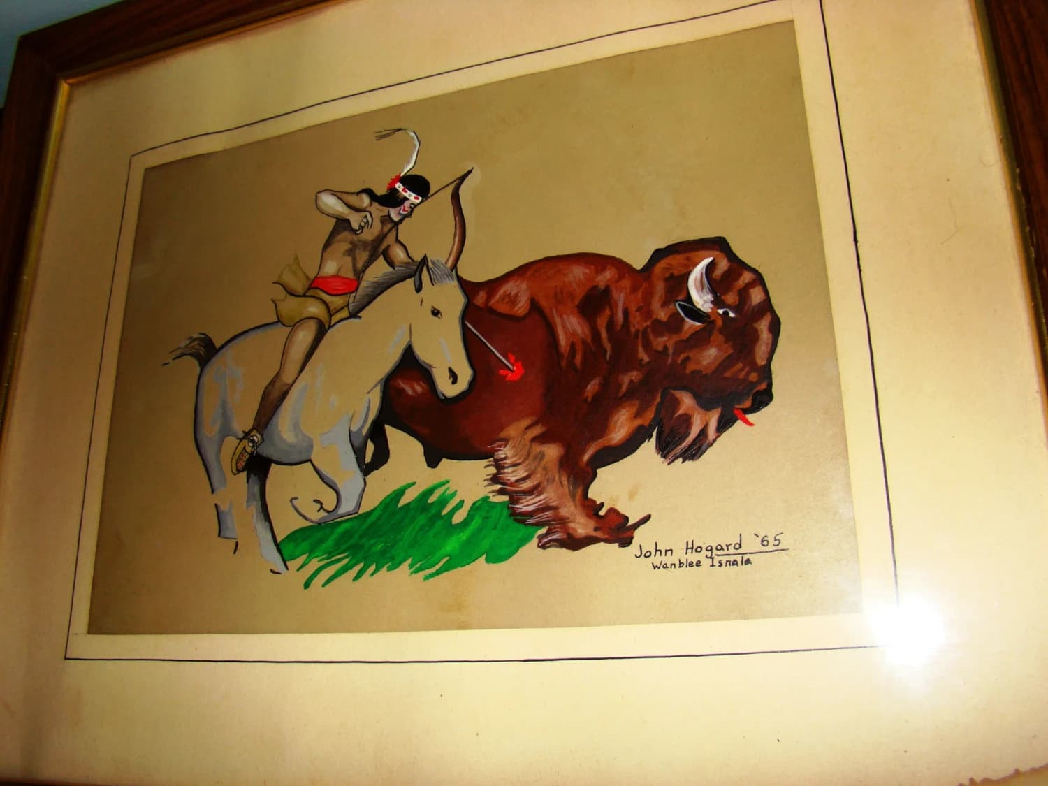 ORIGINAL American West Drawing Painting on paper of an American Indian on horseback engaged in a bullfight, - UNUSUAL RARE Signed 1965 - image 3